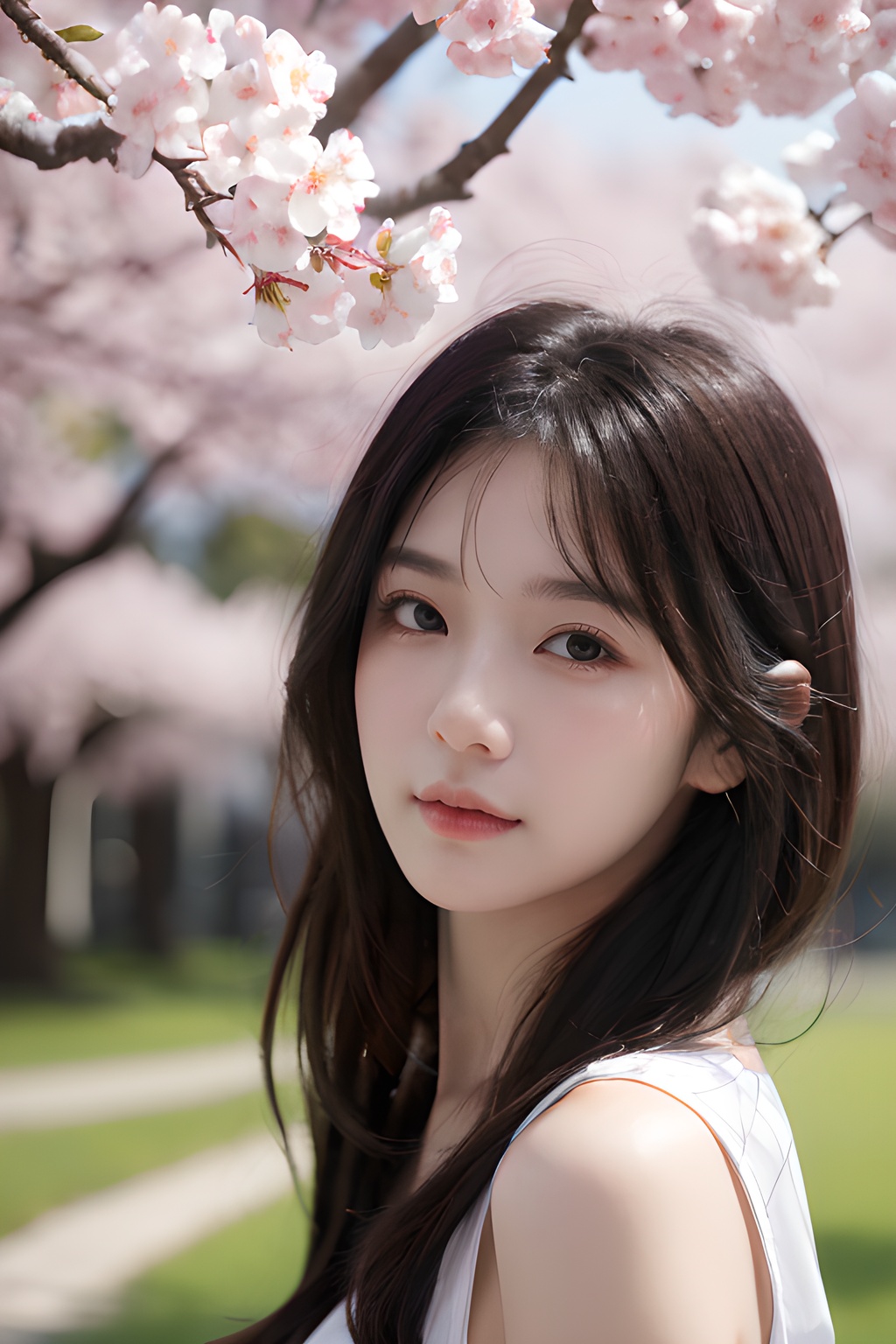 <lora:0809_01:0.7>,a girl with a dreamy expression,surrounded by floating cherry blossom petals in a soft breeze,springtime magic,gentle radiance.korean girl,black hair,, 1girl,realistic,masterpiece, best quality, photorealistic, HDR,detail