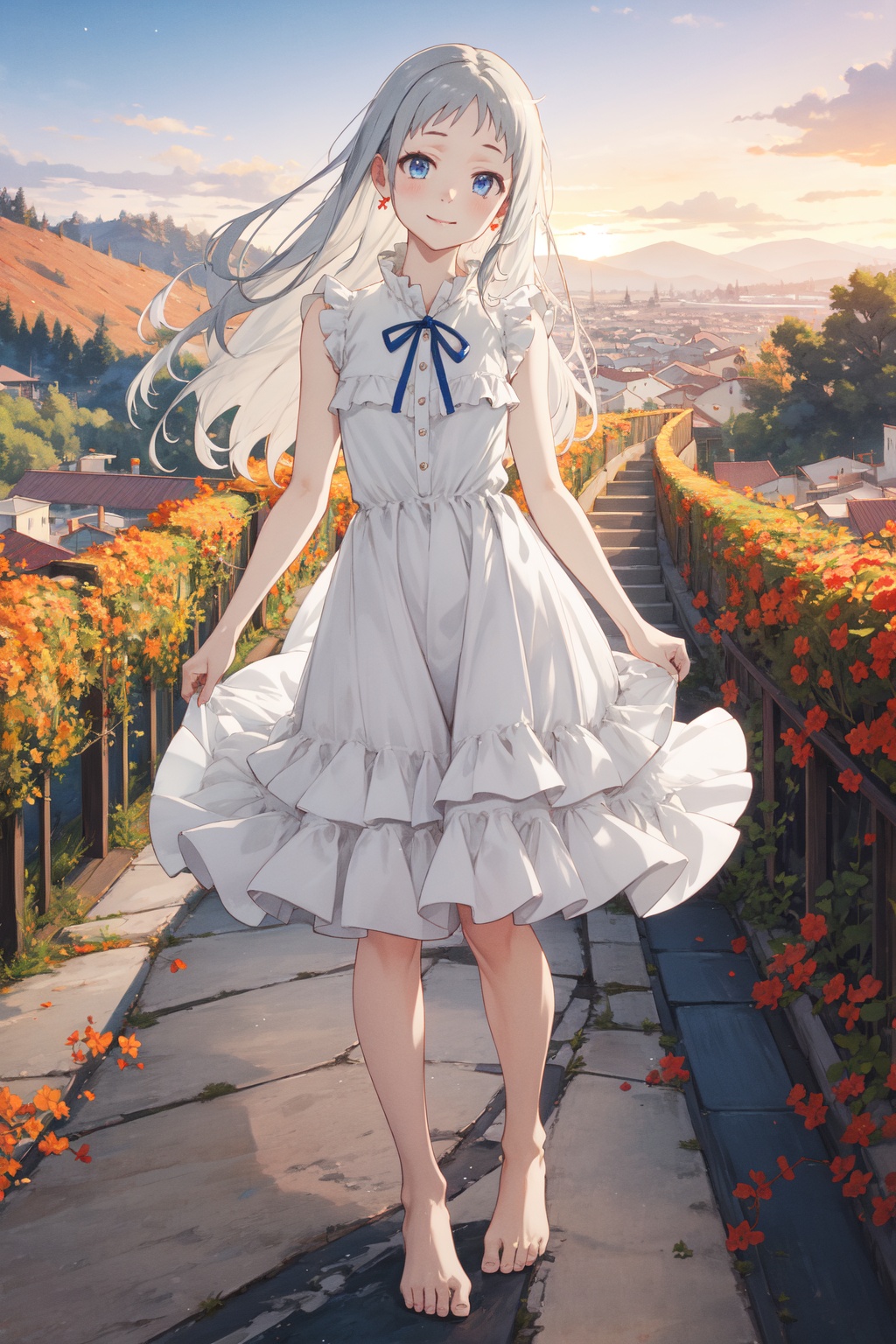 <lora:Menma-000015:0.9>,Menma CYQL,1girl,looking at viewer,solo,long hair,grey hair,blue eyes,smile,dress,ribbon,sleeveless,sleeveless dress,white dress,barefoot,full body,standing,frills,panorama,Vineyard, Grapes, Harvest, Wine barrels, Autumn leaves, Sunshine, Rows, Winery,(Heather blooms, Coastal cliffs, Ocean views, Coastal breeze, Heather carpet, Cliffside panorama:0.5),beautiful detailed sky,beautiful detailed glow,posing in front of a colorful and dynamic background,masterpiece,best quality,beautiful and aesthetic,contrapposto,female focus,wallpaper,