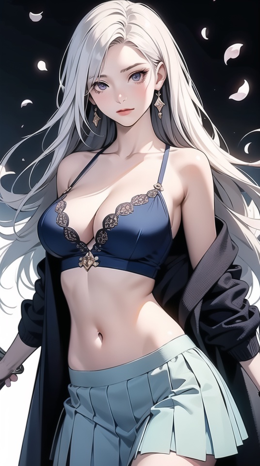 (best quality), ((masterpiece)), (highres), illustration, original, extremely detailed,1girl, long hair, solo, breasts, skirt, navel, white hair, white background, large breasts, petals, weapon, very long hair, closed mouth, simple background, holding, holding weapon, cleavage, midriff, blue skirt, pleated skirt, looking at viewer