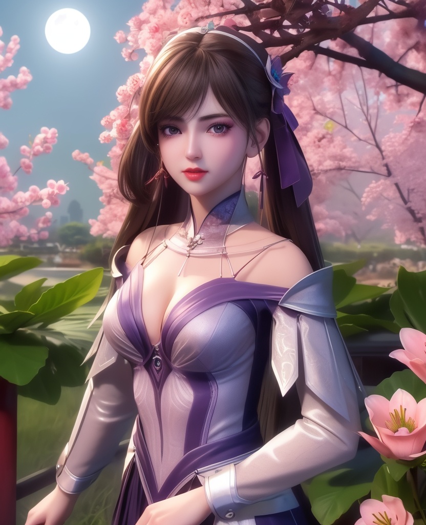 <lora:561-DA-炼气十万年-孔炎:0.8>(,1girl, ,best quality, ),looking at viewer,  ,ultra detailed background,ultra detailed background,ultra realistic 8k cg, , ,masterpiece, (( , )),, ultra realistic 8k cg, ,      ,lily \(flower\) ,full moon ,strawberry blossoms      (cleavage), (),