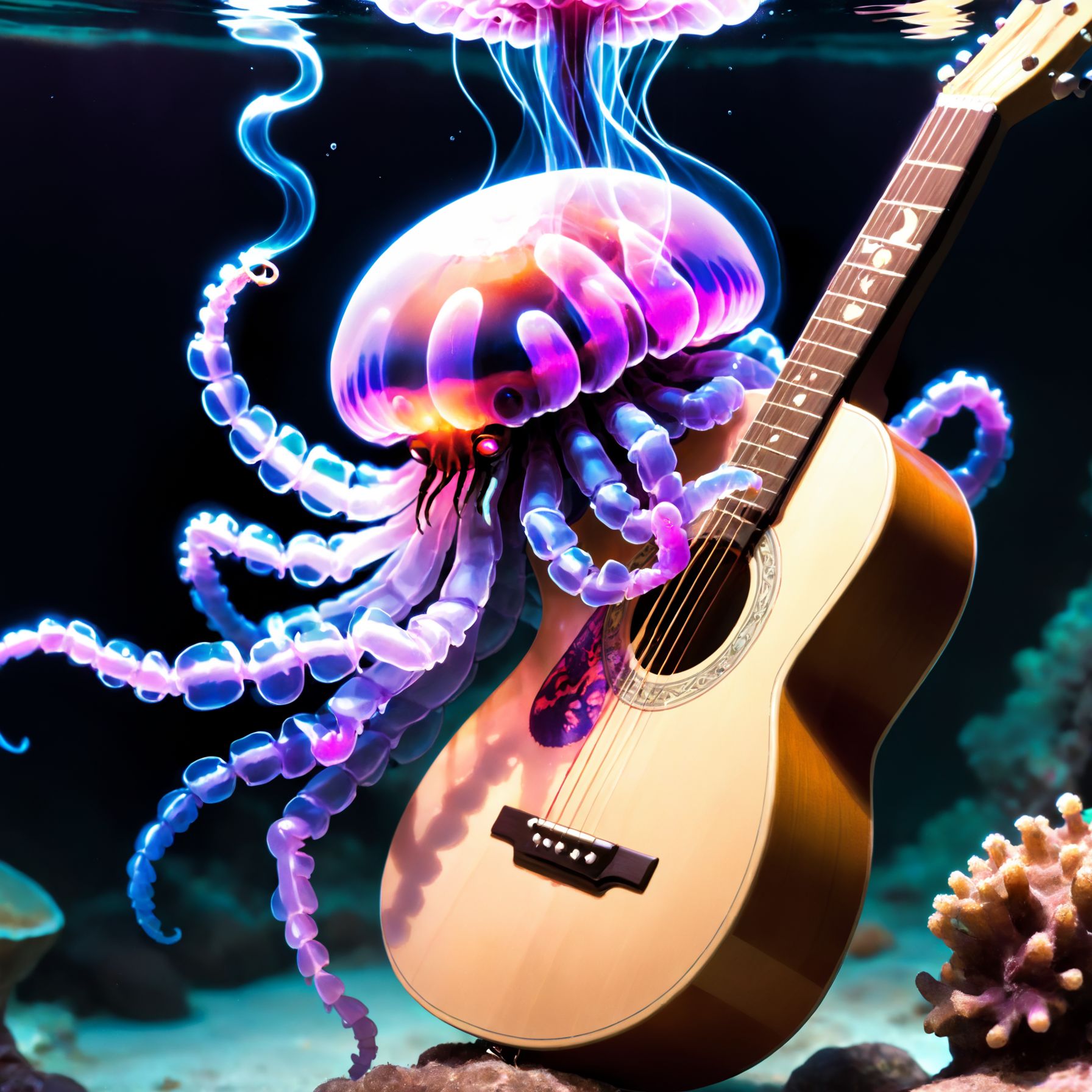 photo of a translucent,  purple-glowing jellyfish with the body of a tarantula,  playing the guitar and smoking a pipe whi...