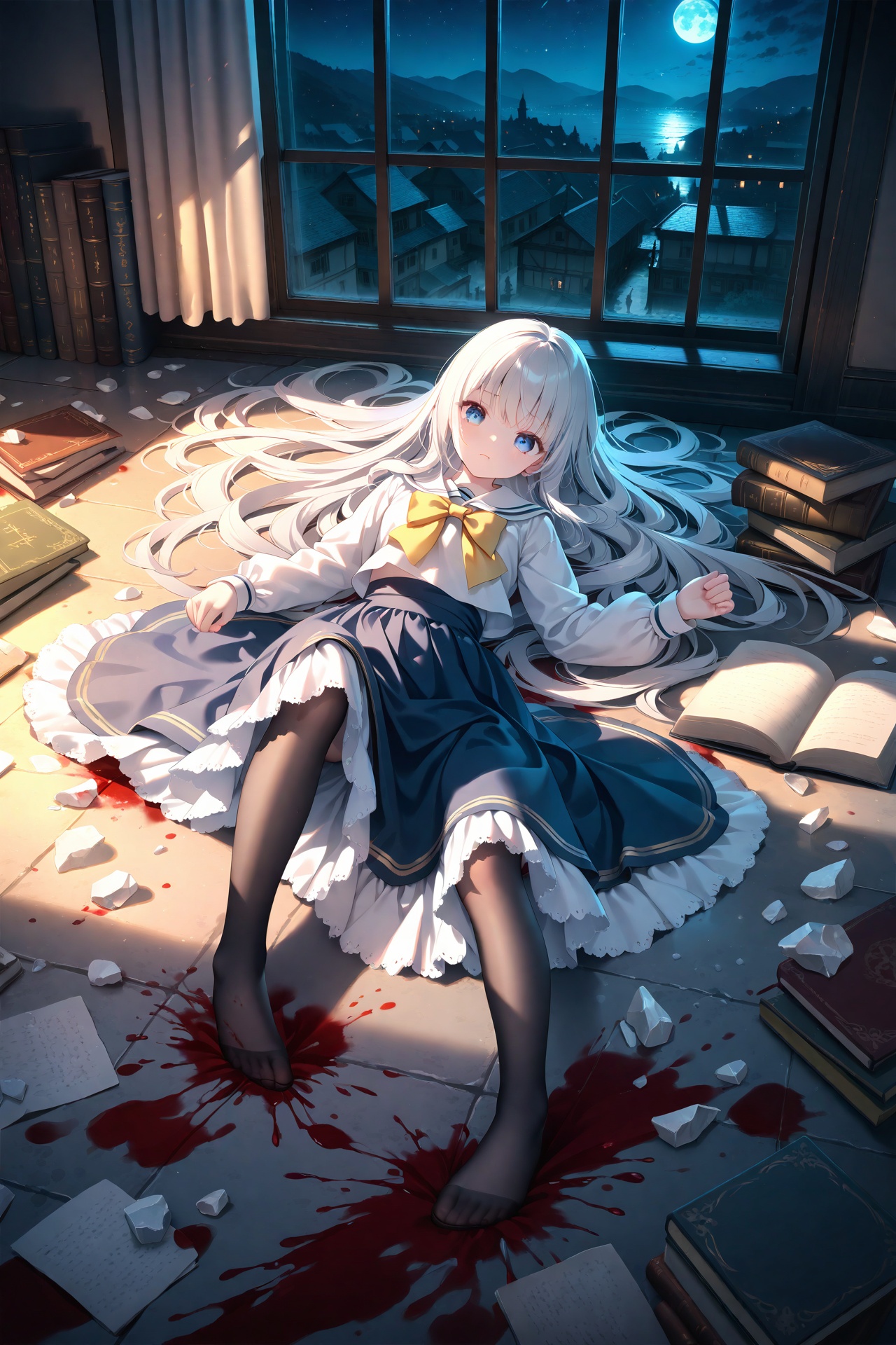 (masterpiece),(best quality),illustration,ultra detailed,hdr,Depth of field,(colorful),loli,finely detail,dark,Depth of field,masterpiece,extremely detailed CG unity 8k wallpaper,best quality,high resolution illustration,Amazing,highres,intricate detail,best illumination,best shadow,an extremely delicate and beautiful,night,Broken glass fragments,Middle Ages,Books scattered on the ground,window,wind,White curtain,textbook,books,1 girl,There's blood on the feet,blood on the legs,solo,extremely delicate and beautiful girls,blue eyes,beautiful detailed eyes,Beautiful dark blue eyes,Lovely face,Black stockings,No shoes,Yellow bow tie,There were shards of glass on the ground,Blood on the ground,white hair,long hair,young,White sailor shirt,medium skirt,