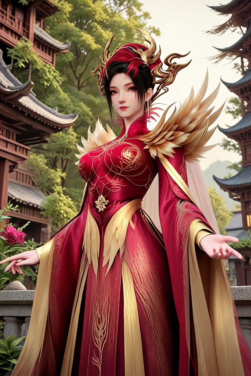 (Standing at the edge of a rooftop, she gazes at the city below, her spirit uplifted by the urban energy:1.2),<lora:XL16神国之上神子娘娘:1.05>,1girl,red corset gown,brown eyes,black hair,red streaked hair,hair ornament,yellow feathers capelet,white cape train,wide flowing sleeves,(large breasts:1.2),bamboo forest,water,river,stone,, score_9,score_8_up,score_7_up,score_6_up,score_5_up,score_4_up,3d rendering,tag1,tag2, Cinematic Lighting,backlighting,