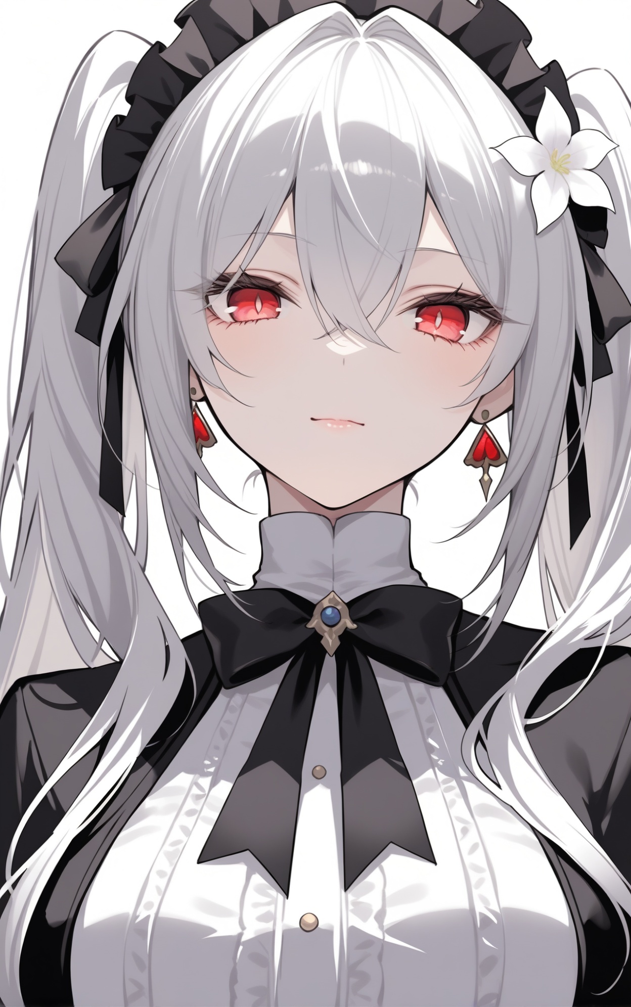 msk,CG rendering,Azur lane,ka ra ra ge tsu ne,gwwj,key999,masterpiece,best quality,very aesthetic,extremely delicate and beautiful,huge filesize,amazing quality,32K UHD,ultra-detailed,photorealistic skin,depth of field,8k,(sheya:0.4),(Qiandaiiu:0.3),(koahri:0.4),sexy,(MeIoN:0.4),(wumai:0.4),(ssr:0.7),(SG:0.9),(netural:0.6),(Fungi:0.3),(ABPART:0.8),(D. I .S.H:0.6),(sorananiiro:0.4),(san:0.3),((eichi)_nagatochi:0.9),mature_female,(torino:0.2),glamor,wallpaper,cosplay,cinematic_angle,real,(by Devilworld:0.3),clear,cute,bishoujo,kawaii,nsfw,newest,latest,(hitokomoru:0.4),(miyuki:0.8),beautiful detailed eyes,beautiful detailed lips,extremely detailed eyes and face,delicate features,graceful pose,ethereal atmosphere,soft lighting,enchanting,illustration,anime style,vivid colors,sharp focus,professional,extreme detail description,ZX light,masterpiece,best quality,very aesthetic,extremely delicate and beautiful,Noise and grain,huge filesize,amazing quality,foreshortening,cinematic_angle,//,toasu, 1girl, solo, flower, red eyes, hair ornament, white background, earrings, twintails, white hair, simple background, jewelry, white flower, hair flower, long hair, upper body, ribbon, looking at viewer, closed mouth, bow, hair between eyes, white theme, shirt, bowtie