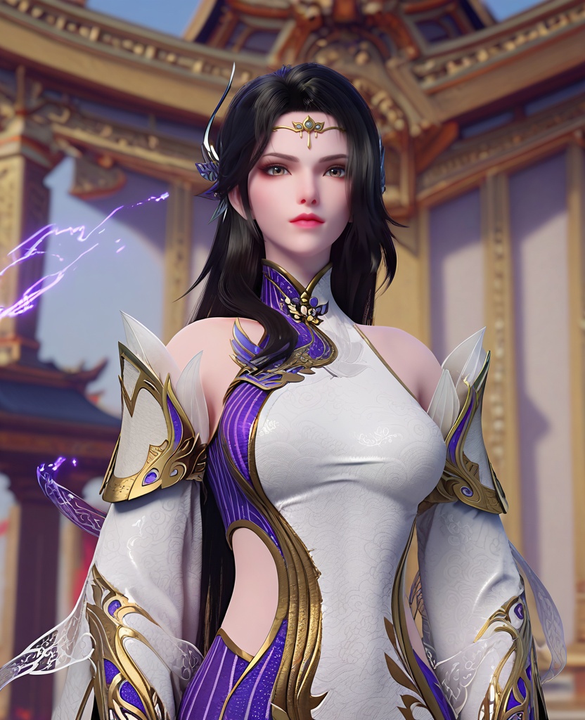 (oriental architecture, elegant decor, sophisticated style:1.1),(Walking with a confident stride, looking determined,:1.1),looking at viewer,(breasts:1.2),<lora:XL斗破苍穹玄衣:0.95>,miss xuanyi,white paired with purple dress,buff eyes,hair ornament,black hair,long hair,detached sleeves,shawl‌‌,, score_9,score_8_up,score_7_up,score_6_up,score_5_up,score_4_up,3d rendering,tag1,tag2, Cinematic Lighting,backlighting,