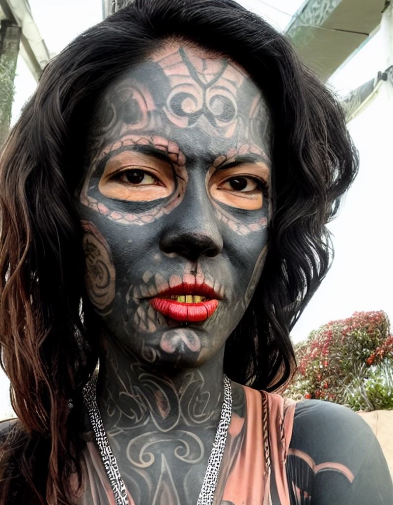 a close up of a person with tattoozfcs on their face and tattoozfczfc on her face a,  half man half asian black bull,  hug...