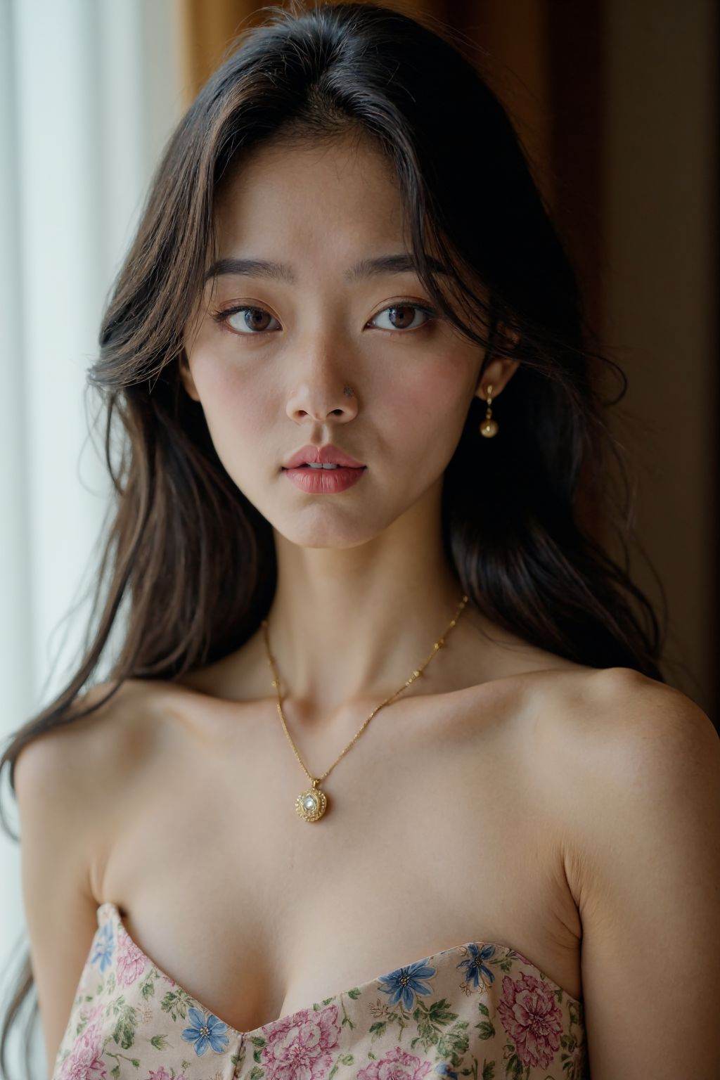HDR photo of cinematic film still, This is a photograph of a young Asian girl, solo, breasts, looking at viewer, long hair, large breasts, black hair, dress, cleavage, bare shoulders, brown eyes, jewelry, collarbone, upper body, earrings, parted lips, indoors, blurry, lips, window, strapless, blurry background, floral print, strapless dress, realistic, smooth skin, girln,