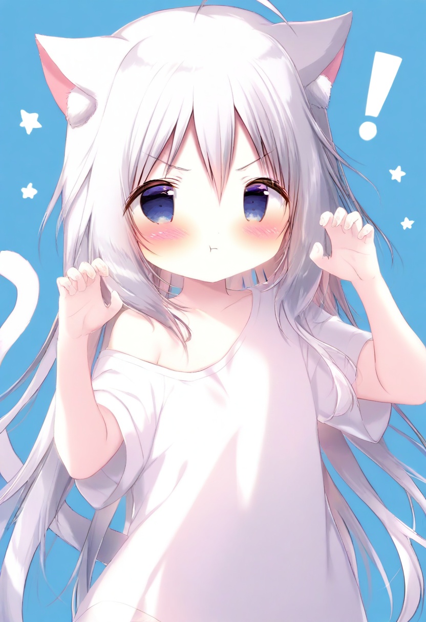 shiratama_(shiratamaco),loli, 1girl, solo, long hair, looking at viewer, blush, bangs, blue eyes, simple background, shirt, animal ears, very long hair, closed mouth, tail, white shirt, ahoge, white hair, short sleeves, cat ears, off shoulder, star \(symbol\), v-shaped eyebrows, cat tail, animal ear fluff, hands up, blue background, cat girl, !, :t, pout, claw pose, !!, oversized shirt<lora:shiratama_cyan-000012:0.8>