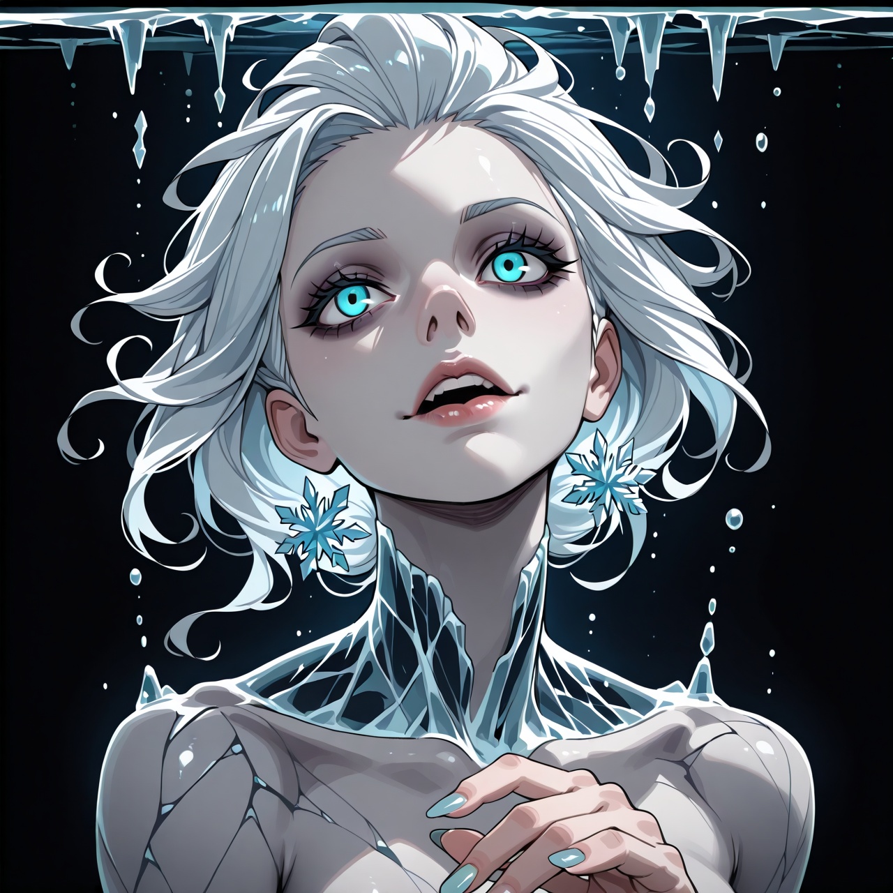 Elsa transformed into a full supernatural winter horror entity,  no queen no kingdom no backstory,  only a humanoid cold-d...