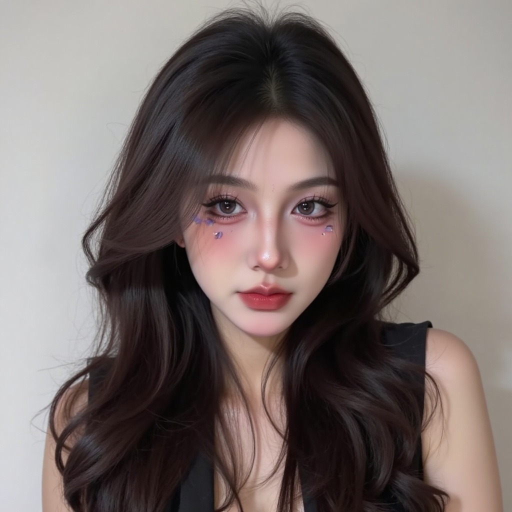 This photo is a portrait of a young woman with long dark hair, wearing a black sleeveless vest, short jeans, and a close-up shot of her face