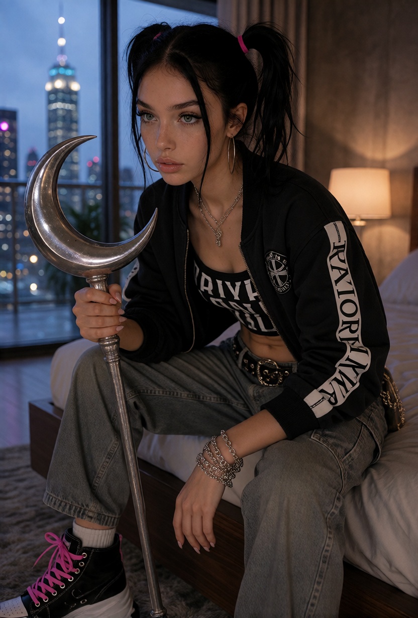 MikaX,  long black hair styled in high twin ponytails with pink hair ties and loose face-framing strands.***** women with...