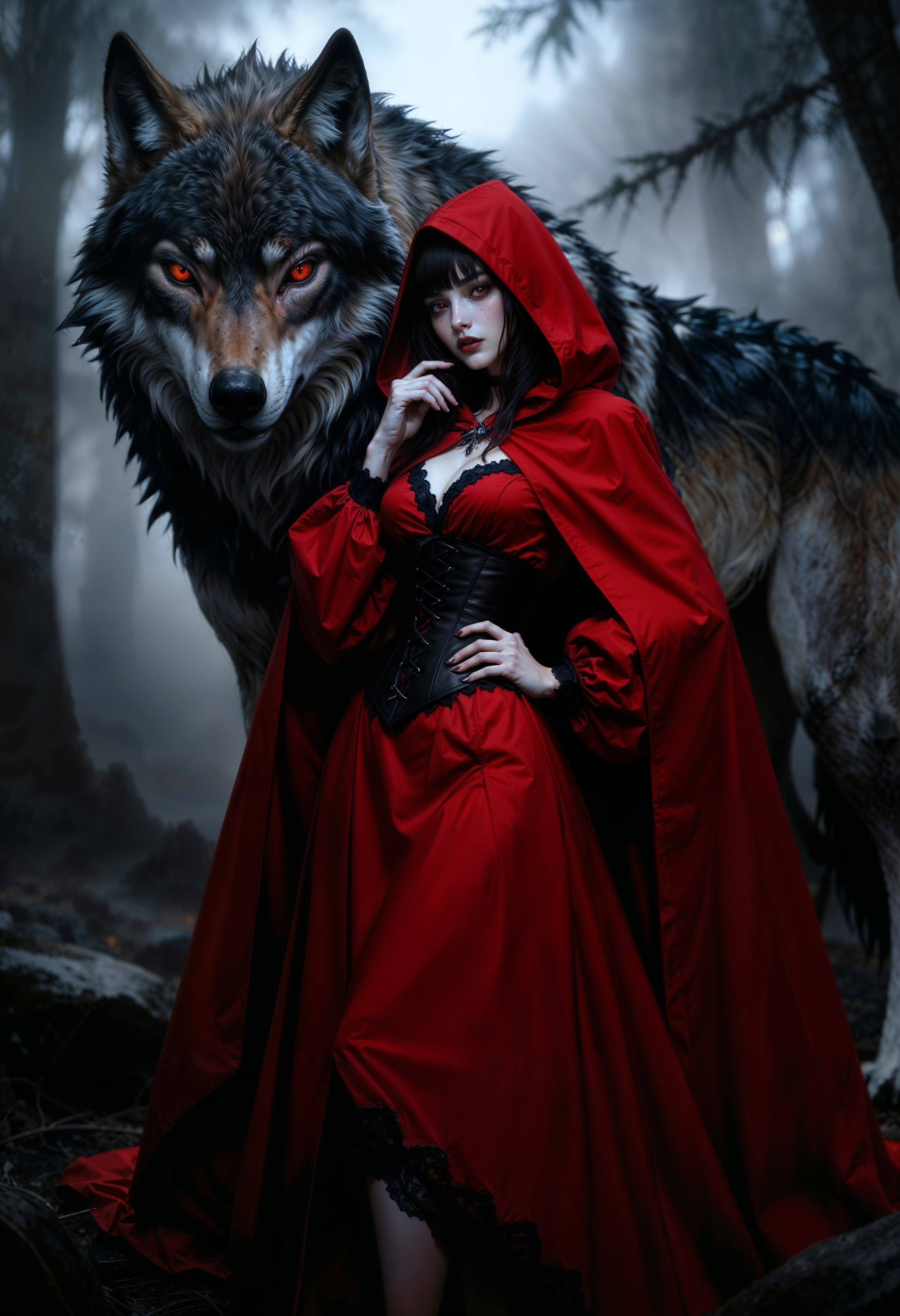 Highly detailed and dramatic digital artwork featuring a young woman and a large wolf in a misty forest. The woman has pal...