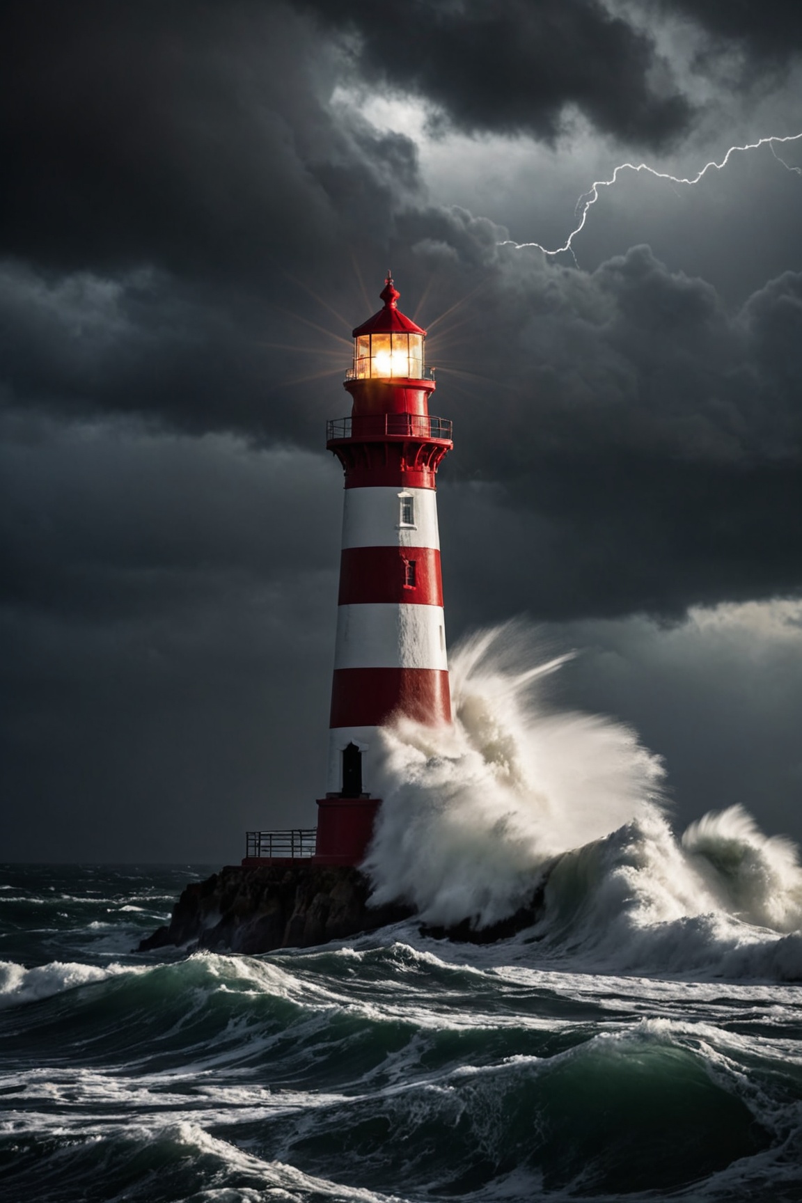 A light house in mids of a stormy sea,  night,  emitting light on Tensor.Art