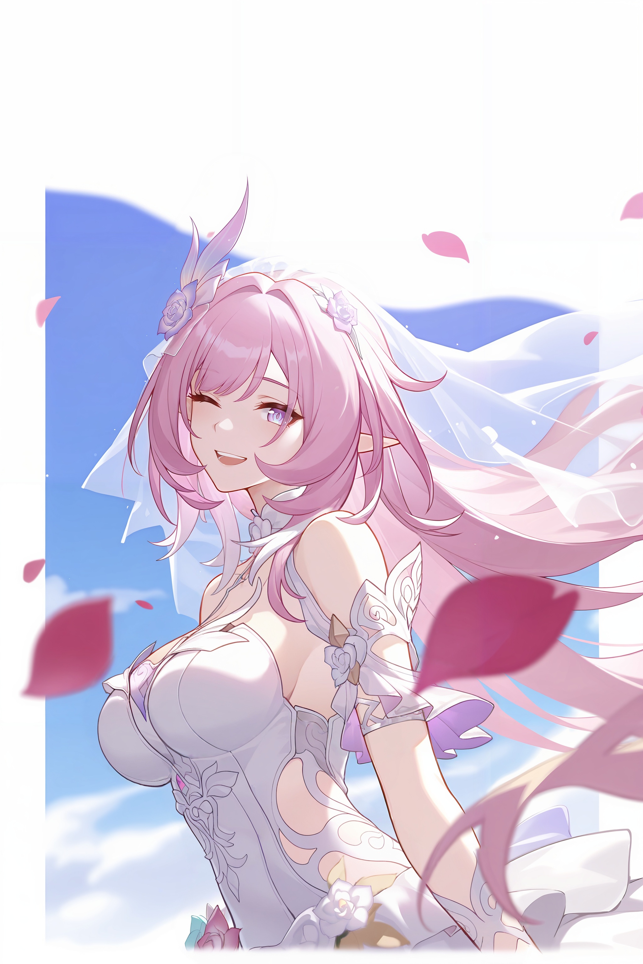 <lora:大昔涟:0.8>,xilian,1girl,long hair,pink hair,hair ornament,pointy ears,pink eyes,very long hair,elf,purple eyes,elysia \(honkai impact\),xilian,1girl,pink hair,solo,long hair,veil,breasts,smile,one eye closed,white dress,open mouth,dress,looking at viewer,petals,teeth,purple eyes,pointy ears,sky,blue sky,upper body,bridal veil,wedding dress,large breasts,pink eyes,depth of field,masterpiece,best quality,very aesthetic,alternate costume,alternate costume,2024,2023,perfect composition,ultra-detailed,extreme aesthetic,masterpiece,best quality,good quality,newest,year 2024,year 2023,very aesthetic,absurdres,looking_at_viewer,colorful,<lora:立绘构图ILL:0.3>,lihui,wind,pink wind,(dynamic_angle:1.1),(dutch angle:1.1),close-up,