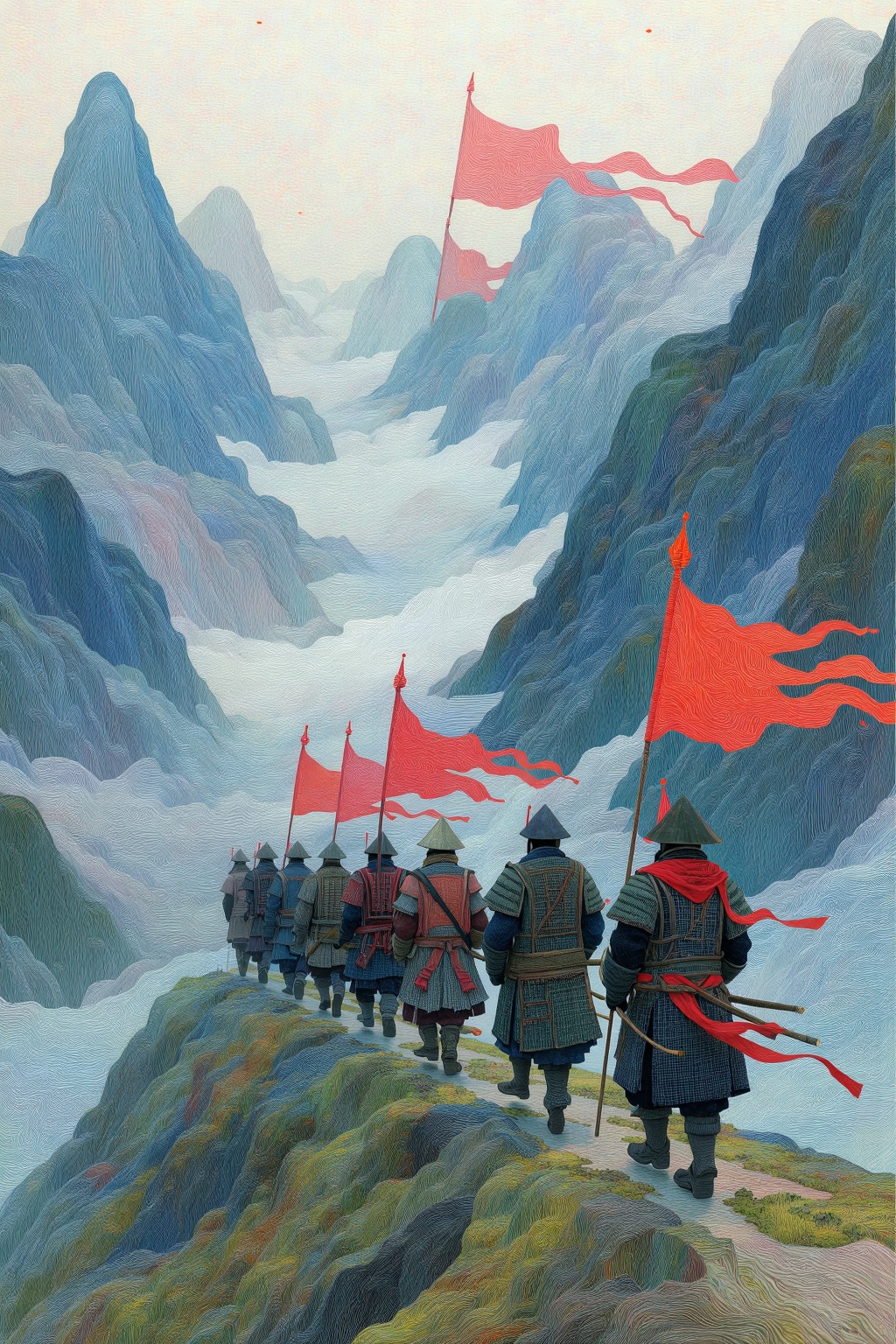 beijihui,a mighty general leading armored soldiers across misty mountains,ancient banners flowing,sharp and layered linework,epic zen march,