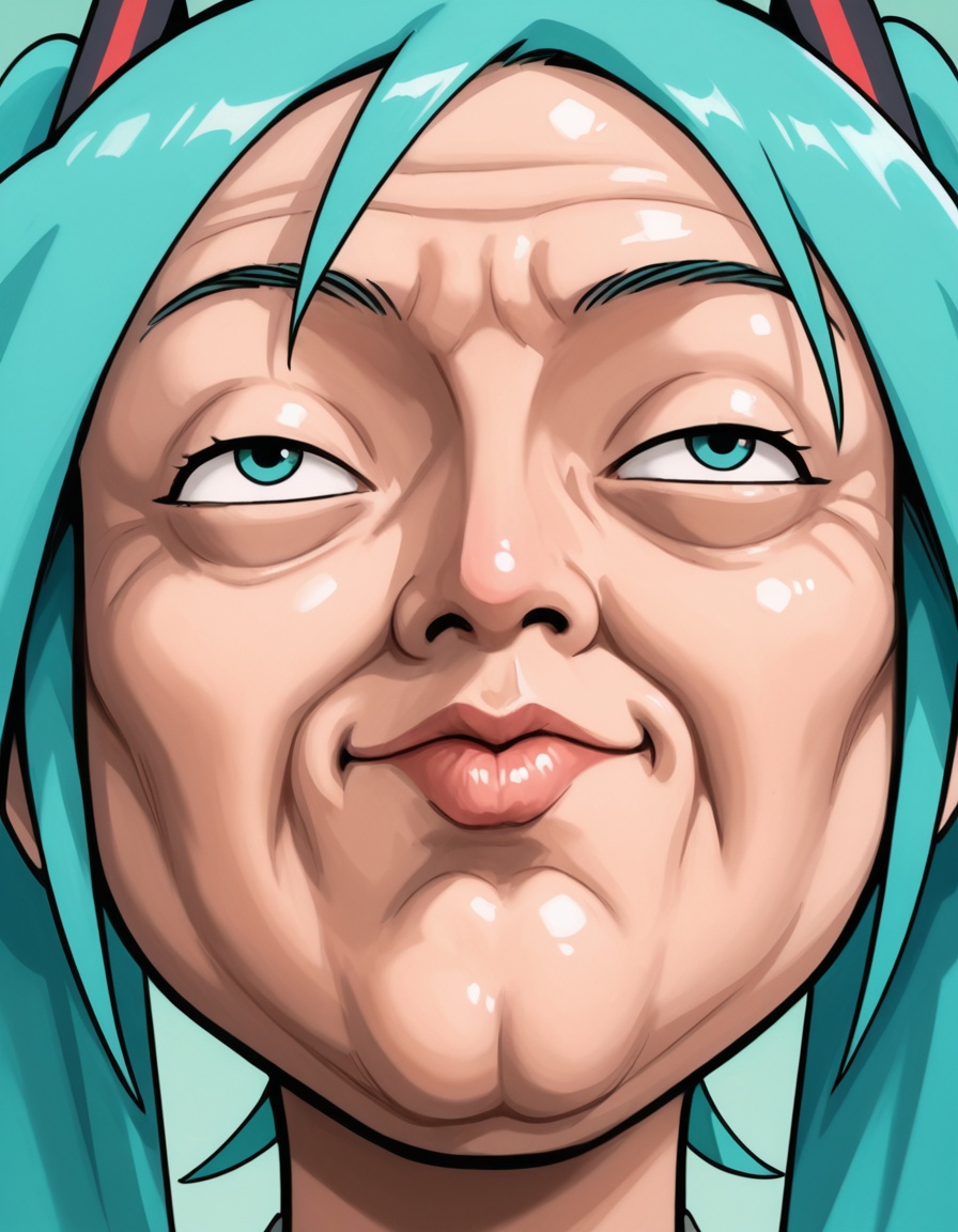 merriviuselfmeme_wronghand,  exaggerated cartoon face,  hatsune miku on Tensor.Art
