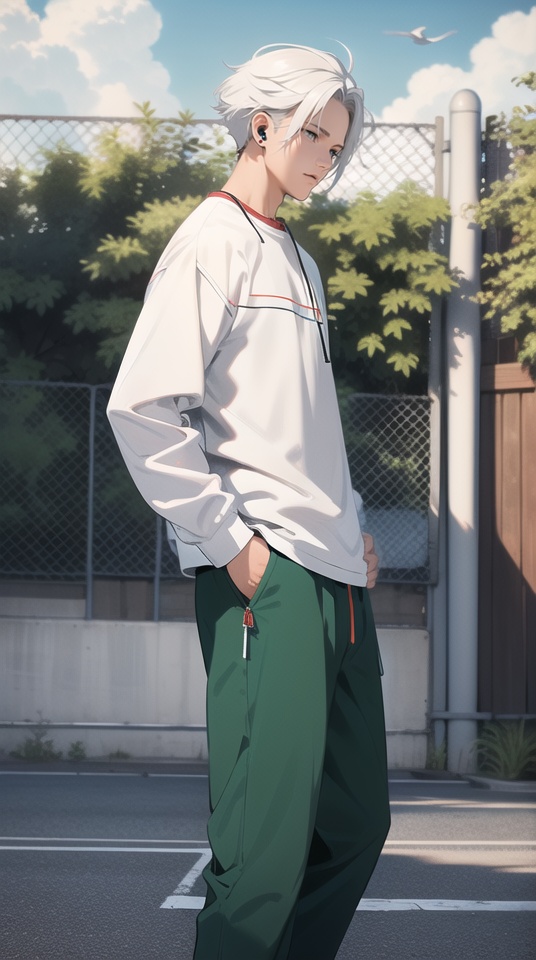 (best quality), ((masterpiece)), (highres), illustration, original, extremely detailed, 1boy, male focus, solo, outdoors, sky, green eyes, hand in pocket, shirt, earphones, cloud, artist name, bird, day, belt, pants, white hair, fence, earbuds, white shirt, long sleeves, looking to the side