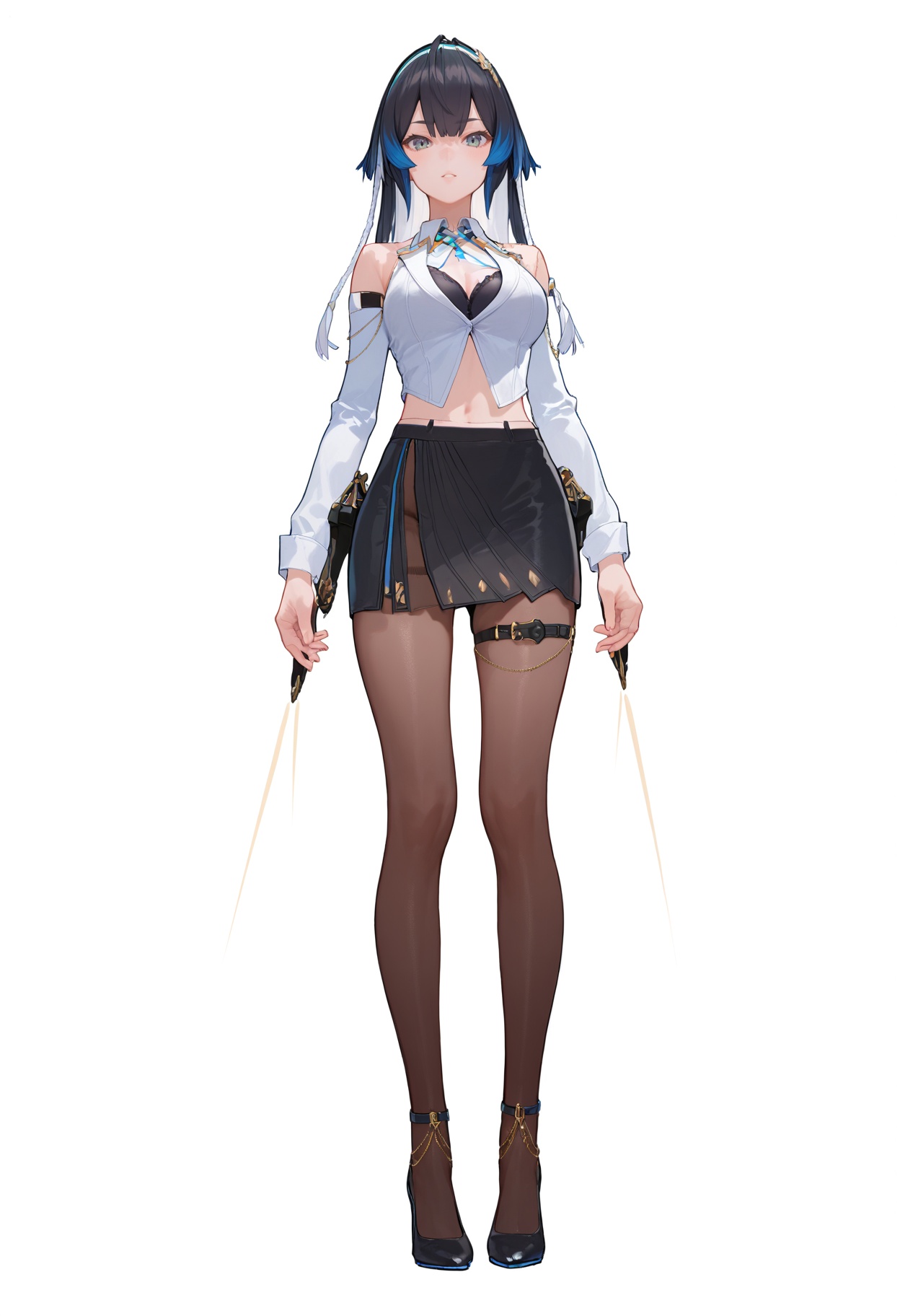 ASCII score_9, score_8_up, score_7_up, score_anime, 8k, best quality, masterpiece, (ultra-detailed), white background, full body, standing, looking at viewer, <lora:Katya-pony-Tanger:0.8>, Katya, 3rd clothes, mishu, 1girl, pantyhose, skirt, breasts, black hair, multicolored hair, black skirt, long hair, high heels, black panties, 