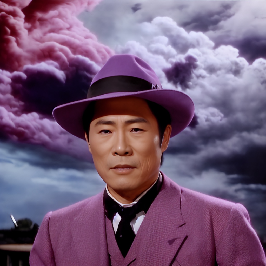 a japanese man wearing a purple suit and a black hat,  with an fierce expression,  with storm clouds in the background on...