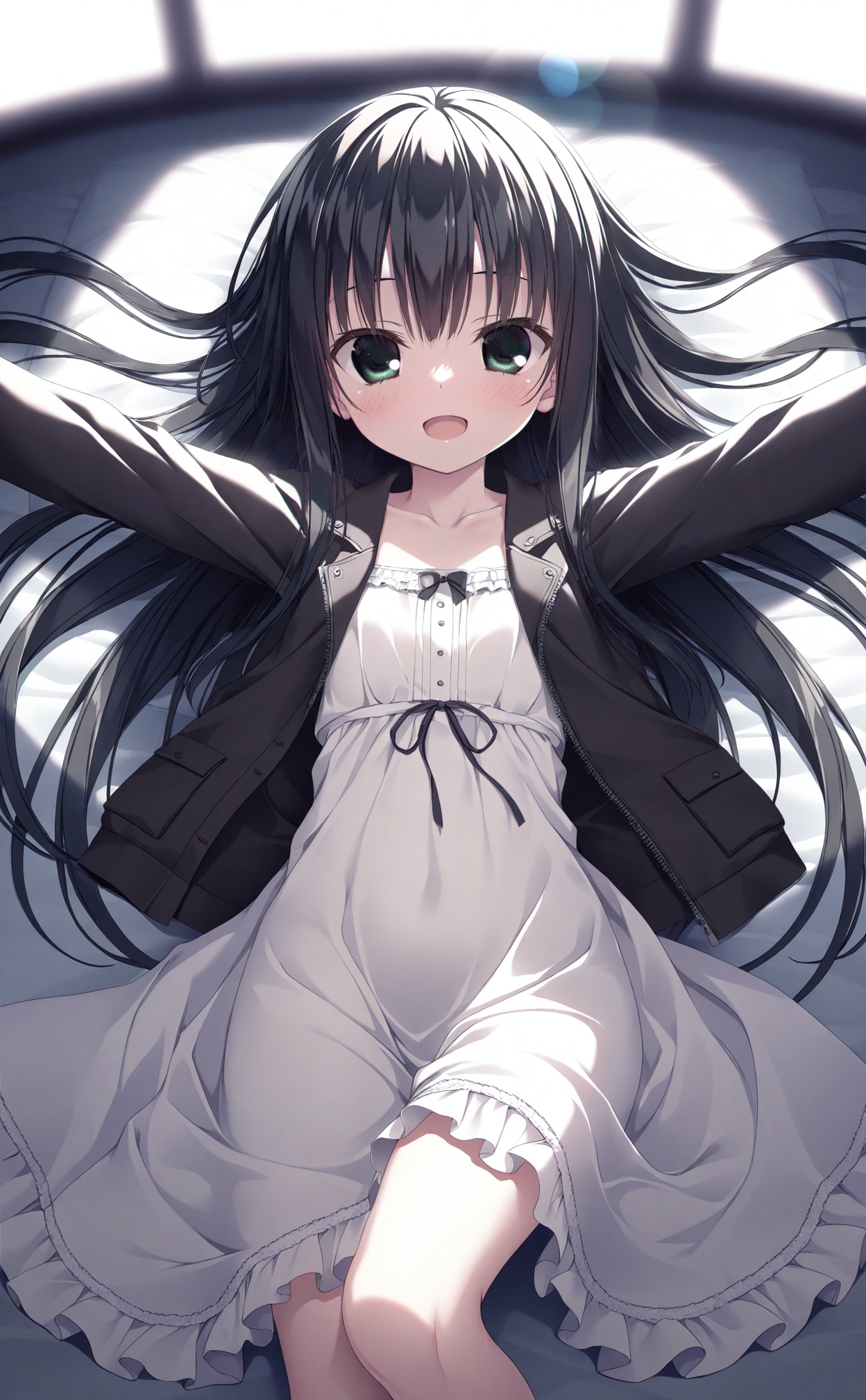 masterpiece,very aware,(highres),absurdres,newest,best quality,(loli),petite,high quality,chromatic_aberration,White Theme,lightblue Theme,//,1girl, solo, long hair, black hair, green eyes, dress, open mouth, outstretched arms, looking at viewer, spread arms, jacket, smile, lying//,//,absurdres,newest,very aesthetic,amazing quality,highres,sensitive,ultra detailed,best anatomy,HDR,8K,high detail RAW color art,high contrast,illustration,depth of field,(colorful),phenomenal aesthetic,detailed light,blurred picture,Tyndall effect,contrast,lens flare,cinematic lighting,//,<lora:yzk——【noob】hans:0.8>,