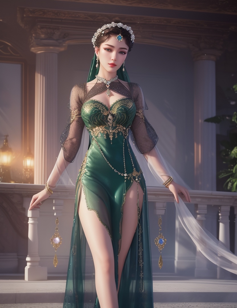 ultra realistic 8k cg, picture-perfect face, flawless, clean, masterpiece, professional artwork, famous artwork, cinematic lighting, cinematic bloom, perfect face, beautiful face, fantasy, dreamlike, unreal, science fiction,  beautiful clothes, lace, lace trim, lace-trimmed legwear,  (rich:1.4), prestige, luxury, jewelry, diamond, gold, pearl, gem, sapphire, ruby, emerald, intricate detail, delicate pattern, charming, alluring, seductive, erotic, enchanting, hair ornament, necklace, earrings, bracelet, armlet,halo((,1girl, pov,))(((,  1girl,  solo,looking at viewer, ))),(((1girl, solo, dress, jewelry)))<lora:DA_WhiteSnakeGreenSnake:0.7>
