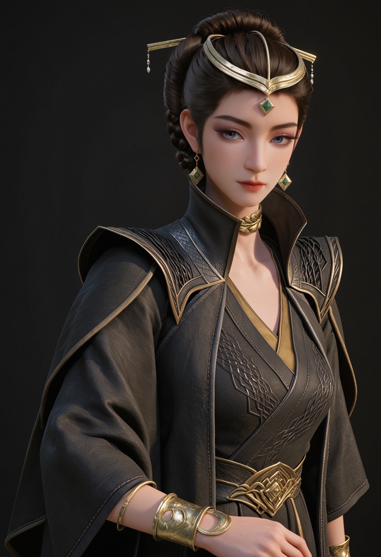 (cowboy shot:1.2),score_9,score_8_up,masterpiece,(best quality),intricate details,facing viewer,(looking at viewer:1.1),<lora:YQ_pony_wenfuren_V4:0.8>,q1528437228,1girl,jewelry,solo,earrings,black hair,hair ornament,bracelet,brown hair,blue eyes,updo,braid,circlet,long hair,hair bun,wide sleeves,cape,eyeshadow,purple eyes,dress,necklace,gem,grey eyes,robe,short hair,single hair bun,tiara,chinese clothes,hair stick,black dress,BREAK(score_9:1.2),(score_8_up:1.2),masterpiece,best quality,very aesthetic,perfect anatomy,(hourglass),perfect face,(simple background,pure black background,black background:1.1),fair_skin,(shiny_skin:1.1),Ivory_skin,