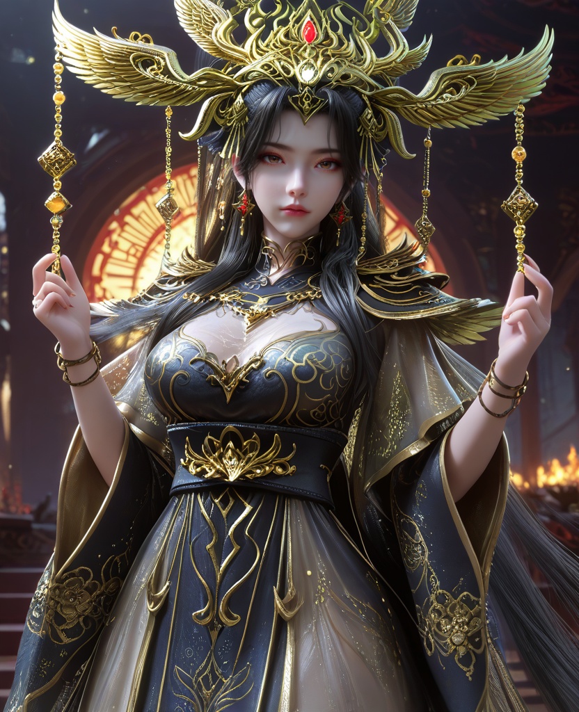 (playing on the swing:1.1),looking at viewer,(large breasts:1.2),<lora:XL16云深不知梦炽阳瑾:0.95>,miss chiyangjin,black tiered dress,brown eyes,black hair,absurdly long hair,half-up braid with long cascading hair,hair ornament,earrings,jewelry,sash,shoulder armor,bracelet,wide sleeves,see-through overdress,clothing cutout,, score_9,score_8_up,score_7_up,score_6_up,score_5_up,score_4_up,3d rendering,tag1,tag2, Cinematic Lighting,backlighting,