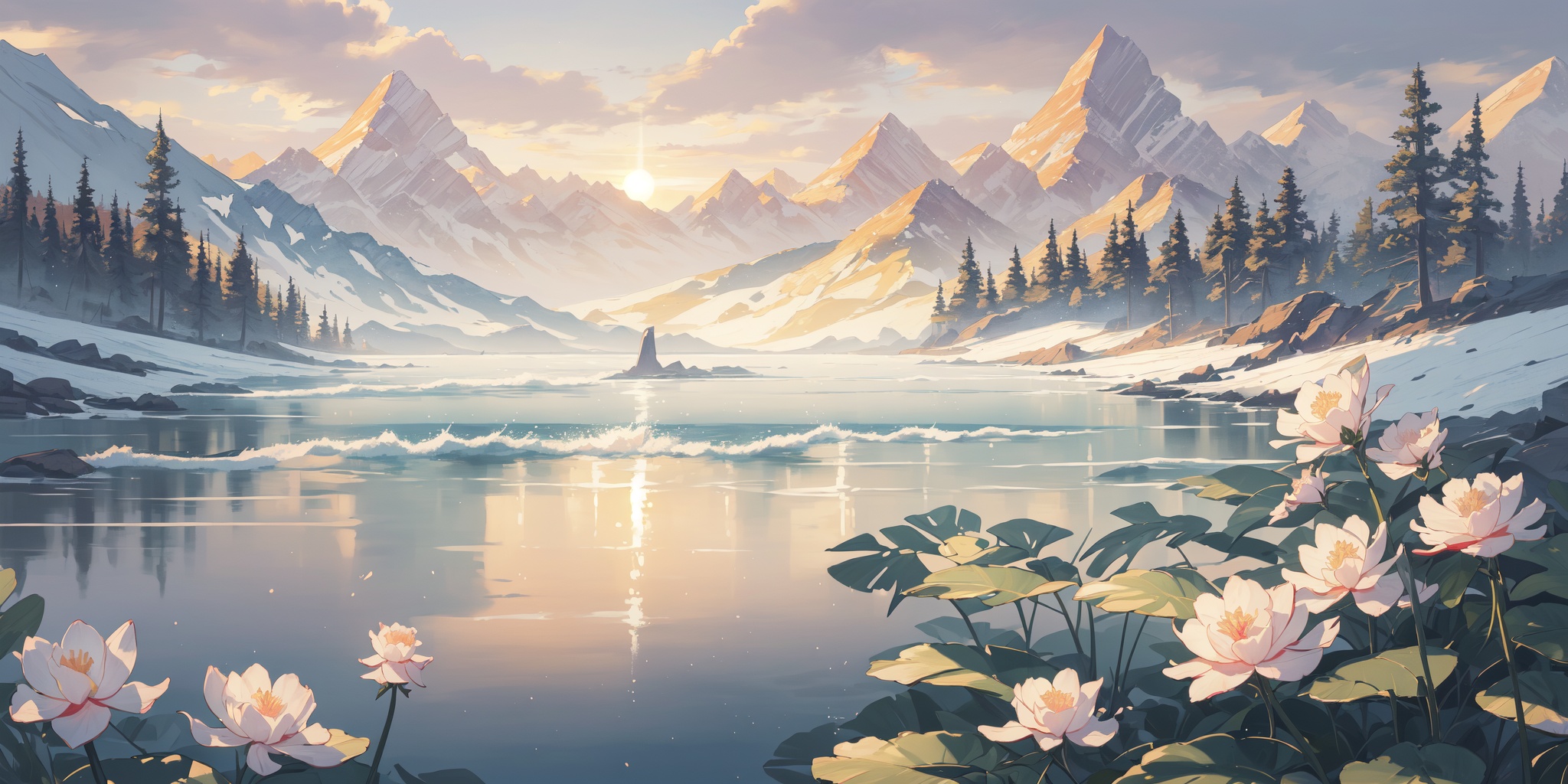 scenery,outdoors,light particles,beautiful detailed sky,beautiful detailed glow,best shadow,panorama,(Mountains, Snow, Peaks, Glacier, Ice, Clouds, Sunlight:1.3),(misty lake: Misty lake, Hot air balloon, Sunrise, Aerial view, Adventure, Peacefulness:1.2),(Water lilies, Japanese bridge, Weeping willows, Lily pond, Impressionist painting, Reflections:1.1),(masterpiece, best quality, beautiful and aesthetic:1.3),extremely detailed CG,ultra-detailed,beautiful concept illustration,illustration,extremely fine and beautiful,perfect details,<lora:YOUHUA-000018:1>,oil painting \(medium\),