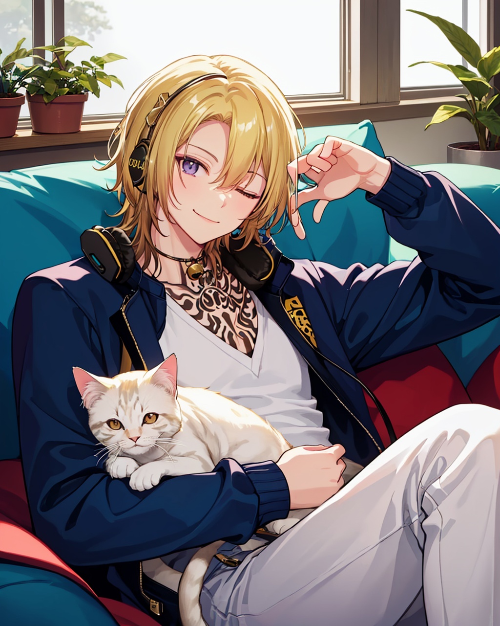 masterpiece,best quality, highly detailed, luca kaneshiro,1boy, male focus, one eye closed, indoors, window, virtual youtuber, solo, looking at viewer, smile, blue jacket, closed mouth, white shirt, sitting, headphones around neck, potted plant, long sleeves, couch, holding cat, white cat, jewelry, neck bell, brown pants, fingernails, pillow, jar, open jacket, chest tattoo, collar, eyelashes,<lora:luca_kaneshiro:1>