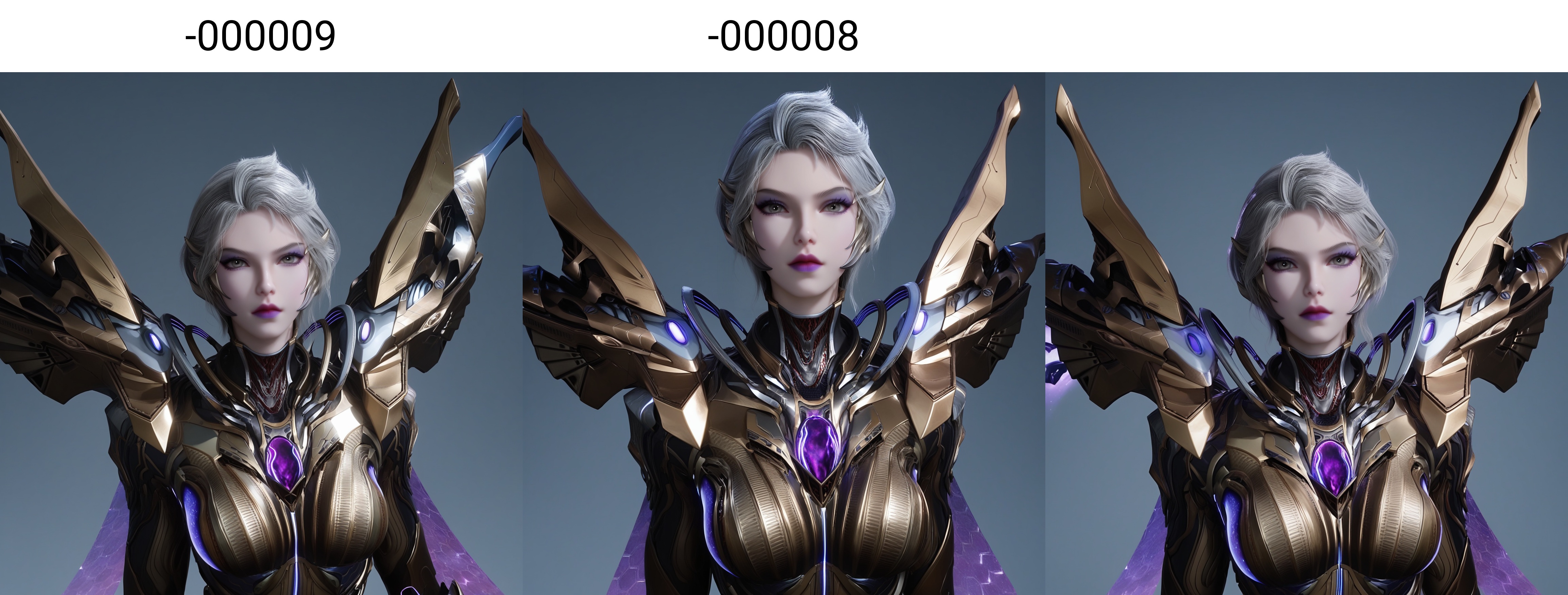 (score_9),cowboy shot,<lora:九皇女-apony-000009:0.82>,jhn,1girl,solo,short hair,grey hair,purple lips,eyeshadow,makeup,sci-fi suit,mechanical wings,bodysuit,<lora:perfect eyes_v1:0.8>,light blush,Expressiveh,<lora:Expressive_H-000001:0.8>,collarbone,(glamor:1.2),curvy,BREAKlooking at viewer,front view,<lora:e肤色滑块:0.5>,fair_skin,(pale_skin),(white skin),<lora:e色温:0.35>,light skin,BREAKsimple background,grey background,ultra-detailed skin texture,detailed textures,4K ultra HD,sharp focus,high detail,natural lighting,high contrast,hearts,Volumetric Lighting,Tyndall effect,