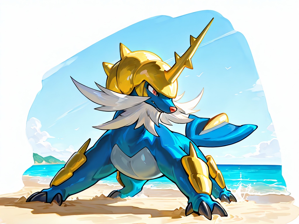 masterpiece,best quality,samurott,feral,solo,full body,pokemon \(creature\),simple background,score_9,score_8_up,score_7_up,<lora:samurott pony:1>,solo horn,white facial hair,3 claws,2 toes,Sharp yellow horn on head,Three claws on each front foot,Yellow shell-like armor around front claws,Yellow shell-like part on tail end,beach,