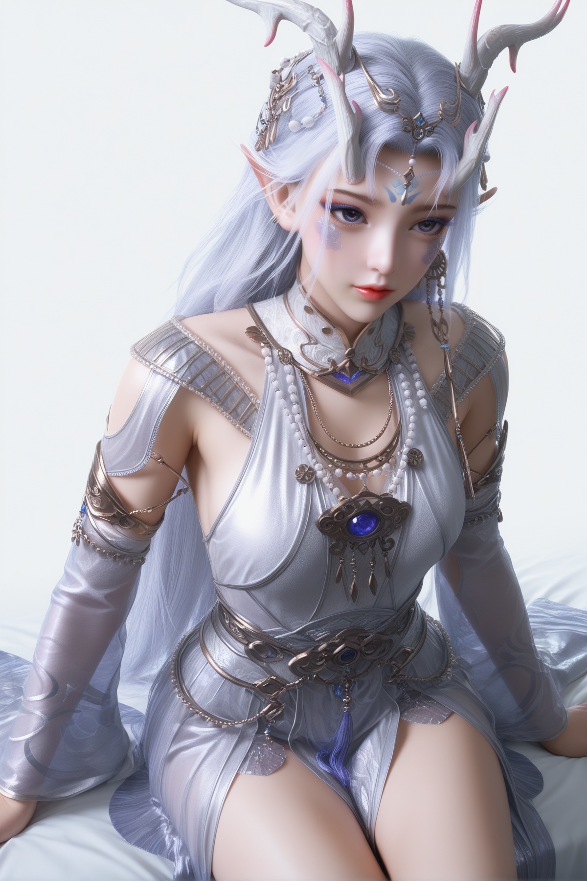 masterpiece,best quality,realistic,cinematic,detail eyes,(ultra-detailed),perfect composition,intricate details,absurdres,detailed face,high quality,high res,8K,<lora:X_fengnianyun_IL4.0:0.8>,white hair,purple eyes,forehead mark,facial mark,horns,1girl,long hair,breast,medium breast,hair_ornament,dress,bare_legs,simple background,white_background,sitting,bed,
