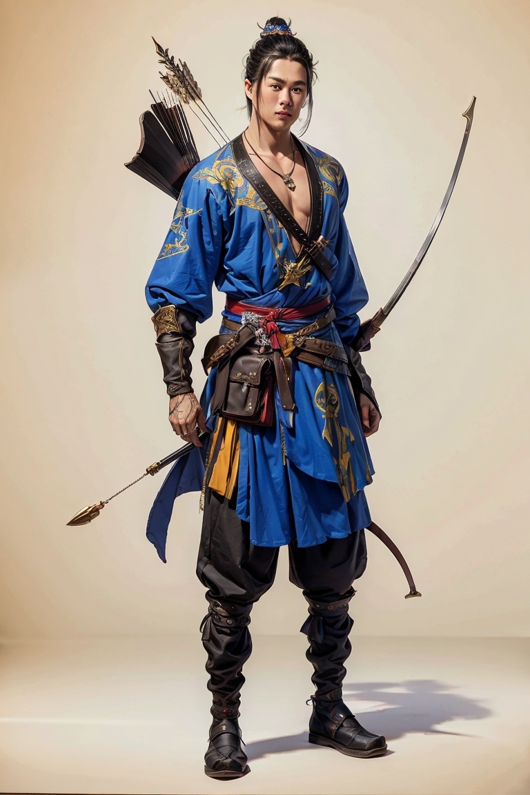 JYGL 1boy arrow \(projectile\) black hair boots bow \(weapon\) full body jewelry male focus necklace solo standing sword weapon,<lora:金庸古龙20240110-1704831963137-0010:0.8>,