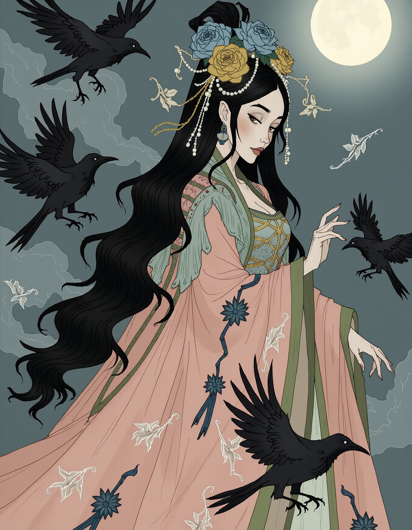 yydlds,a calm and ethereal woman wearing Chinese Hanfu, characterized by exquisite and gorgeous design. The scene is frozen in motion, with long black hair adorned with exquisite hair accessories. Her hair was adorned with a huge and magnificent headpiece, featuring blue, yellow, and green flowers, pearls, and intricate patterns. It is decorated with exquisite blue peony patterns and intricate yellow details. Her clothes are mainly pink, with green and blue accents, as well as exquisite embroidery and lace. This dress has multiple layers of decoration, including a high neckline with complex patterns and a long and flowing hem. In the background, there are several black crows flying around her. The crows are flying in different directions, creating a sense of movement and energy. The sky is dark and cloudy, and the moon is partially visible in the top right corner of the image.﻿ <lora:F.1暗黑女巫-手绘线条插画V1_遥远的炼丹师:0.8>