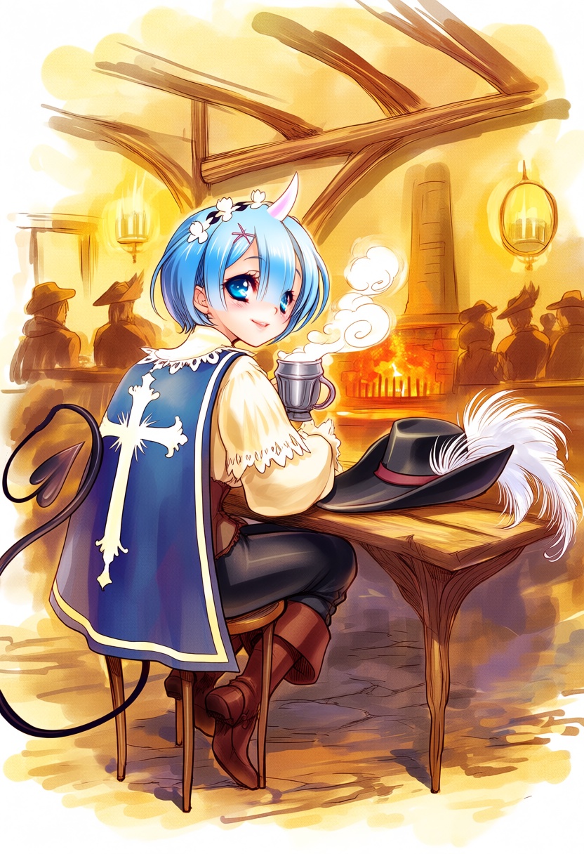 @s-yin. A charming watercolor fantasy illustration depicts a beautiful anime girl as a musketeer resting in a rustic taver...