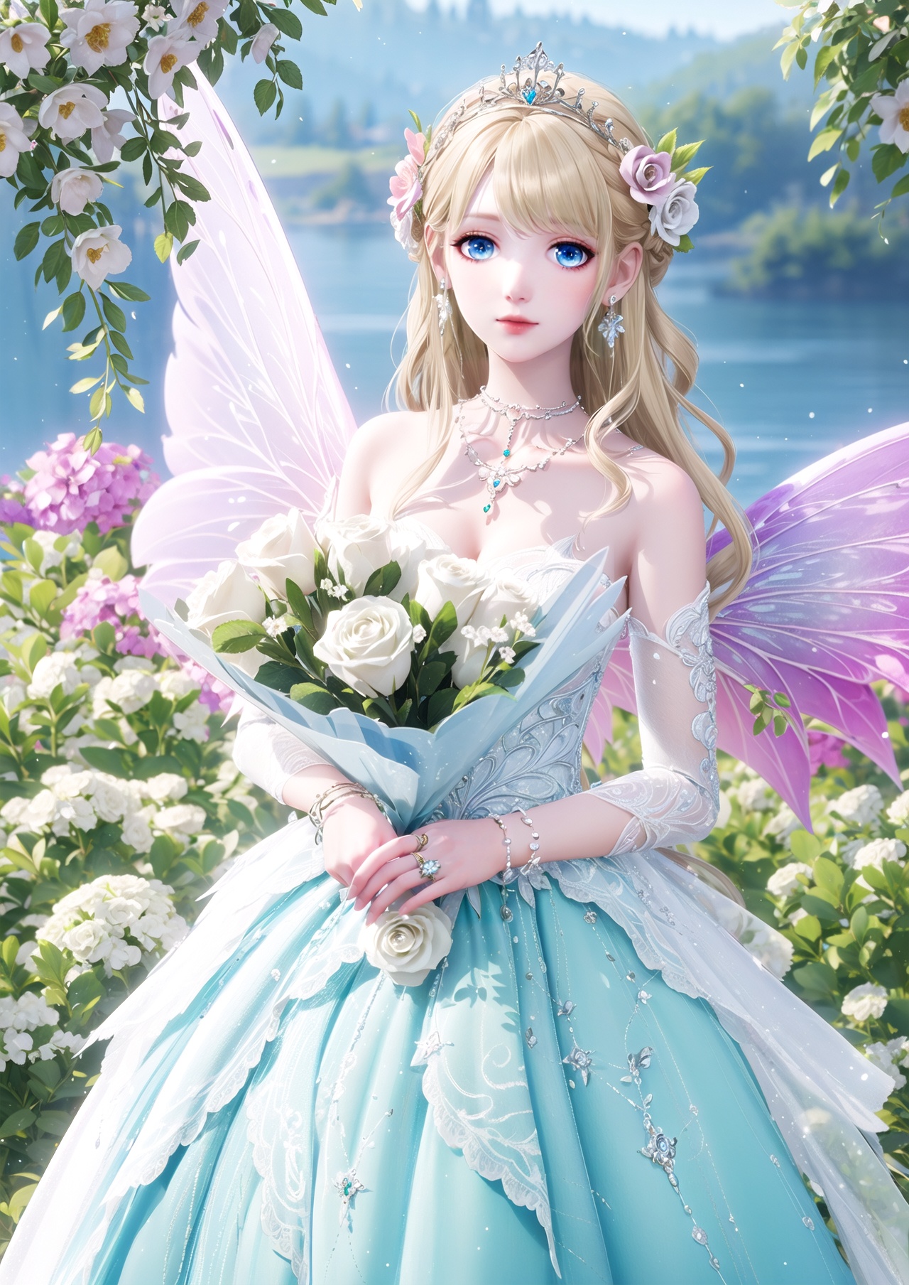 masterpiece,best quality,1girl,jewelry,solo,flower,blurry background,wings,blurry,dress,holding,blue eyes,bouquet,ring,long hair,earrings,detached sleeves,white dress,looking at viewer,holding flower,blonde hair,necklace,bare shoulders,holding bouquet,bracelet,fairy wings,hair ornament,tiara,white flower,beads,fairy,depth of field,