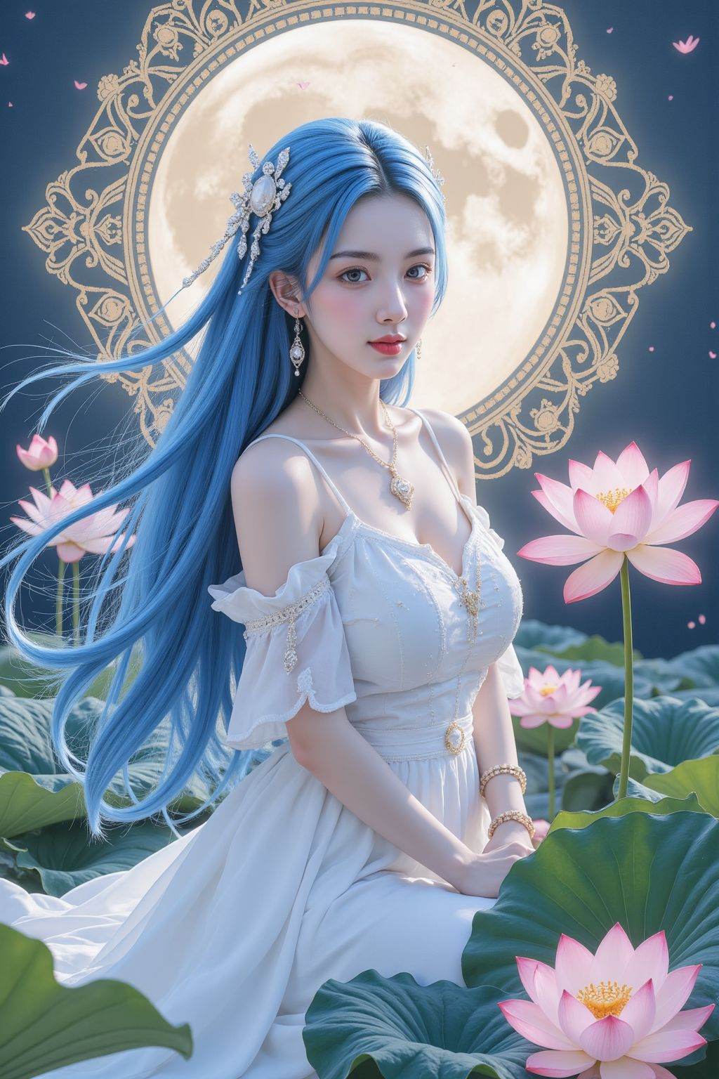 1girl, jewelry, lotus, solo, flower, long hair, hair ornament, dress, full body, earrings, blue hair