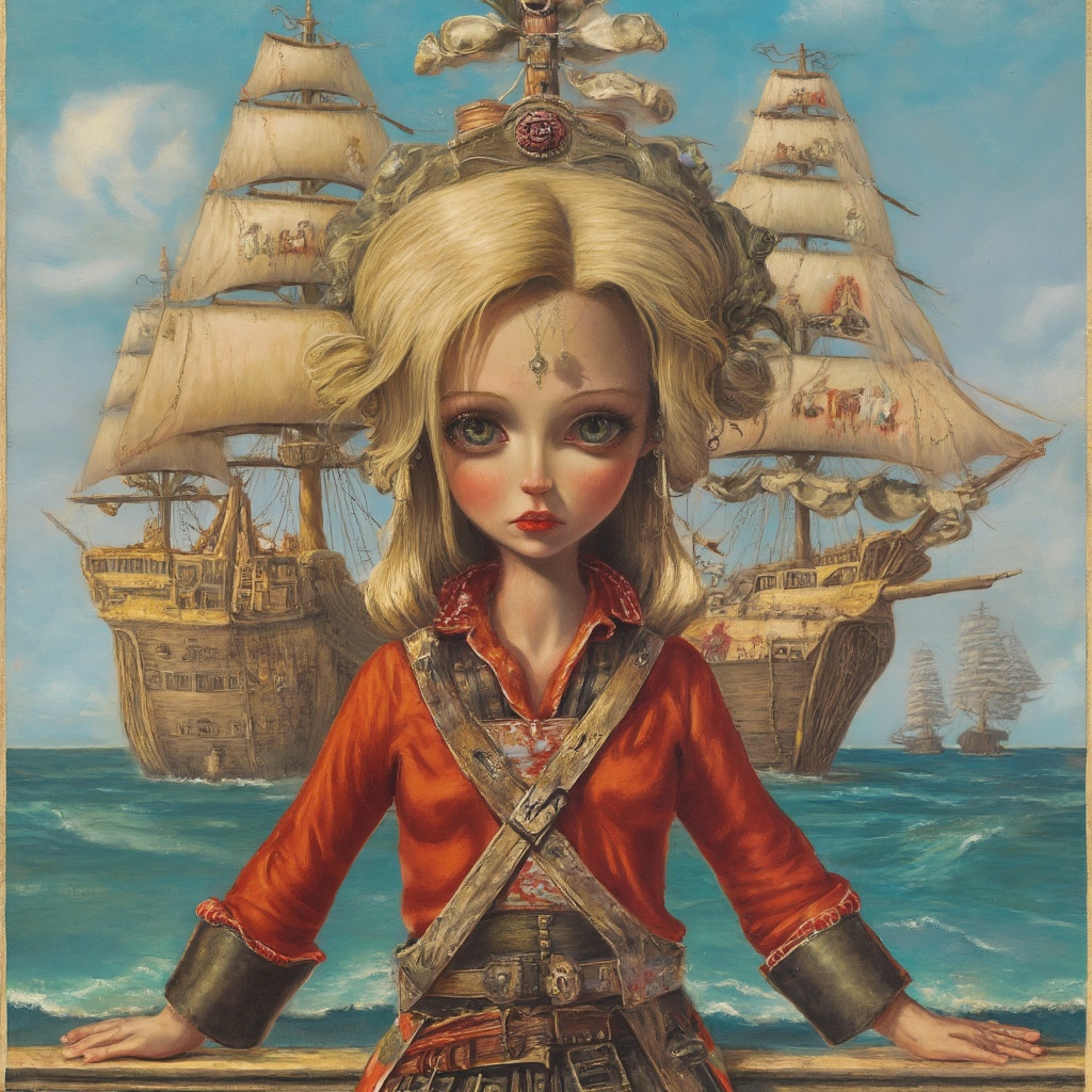 A beautiful blonde woman standing in front of a pirate ship.,  surreal,  lowbrow art style on Tensor.Art