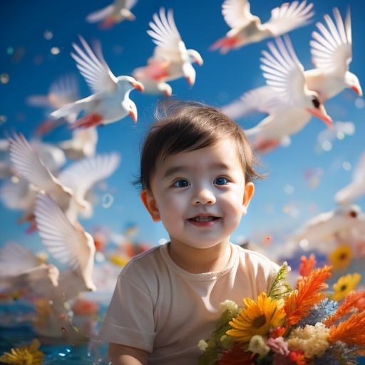 1boy,masterpiece,best quality,In the sky,there are birds flying around him,beautiful face,disney,children's photo,children's photography,Bright light,ripple,Dreamy clouds,Surrounding birds,Surrounding fish，Surrounding birds, <lora:20240513-1715569931489:0.8>