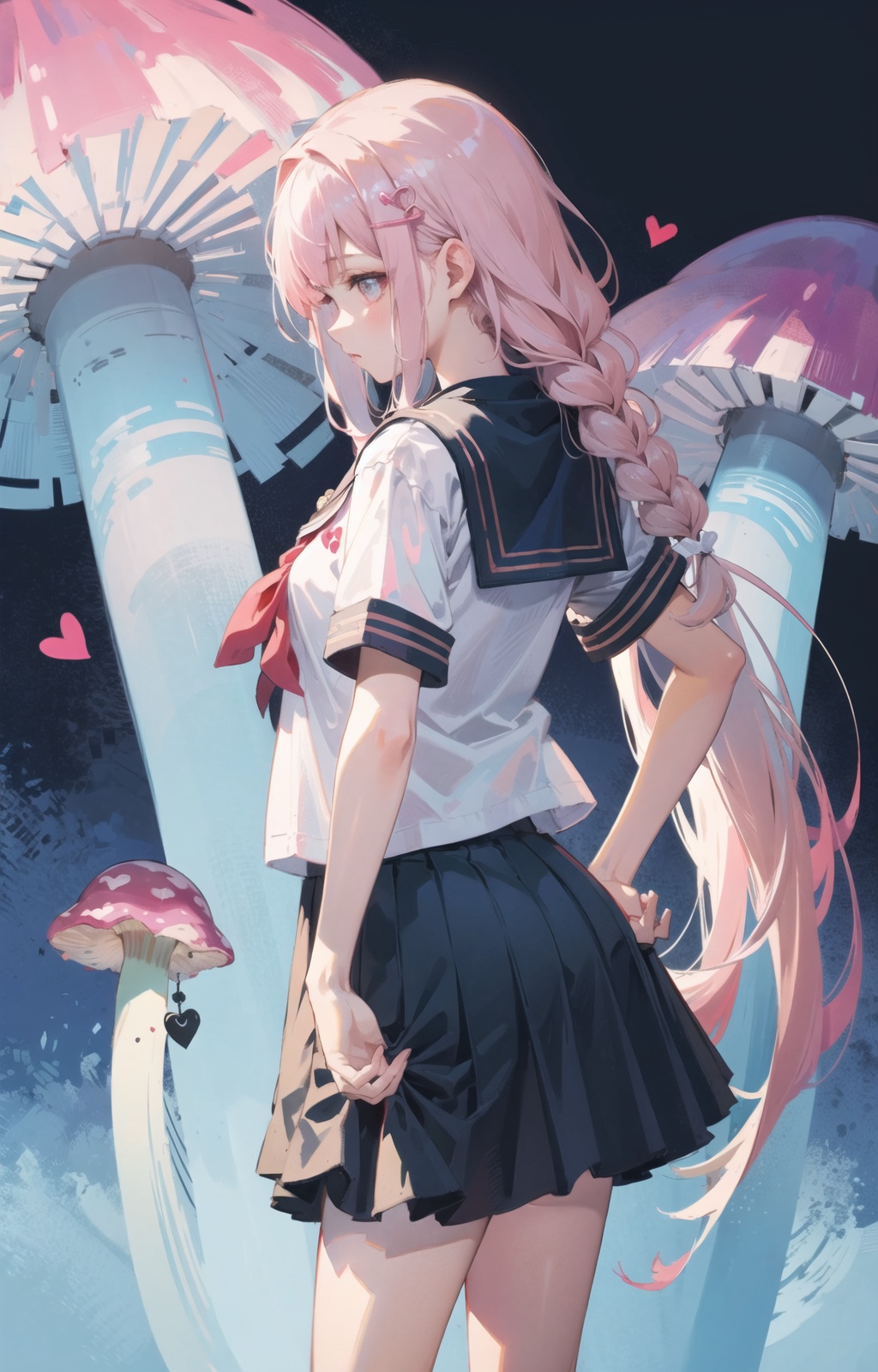 1girl, tan, pink hair, gradient hair, hair intakes, very long hair, fluorescent mushroom forests background, standing, sailor  shirt, pleated  skirt, heart  hair  ornament, oasis,tunnel, hair_pull, dynamic angle, *****, side view down, zoomed in <lora:皮肤Adjusting clothes:1>