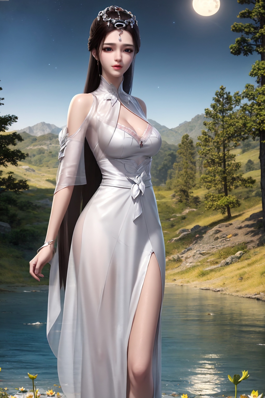 standing,dress,chinese clothes,flower,full_moon,moon,night,lily_pad,lotus,moonlight,water,night_sky,lily_\(flower\),sky,partially_submerged,1girl,solo,hair ornament,long hair,realistic,nail polish,photo_\(medium\),(breasts, medium_breasts, cleavage),makeup,(8k, RAW photo, best quality, masterpiece:1.2),(realistic, photorealistic:1.3),ultra-detailed,extremely detailed cg 8k wallpaper,(crystalstexture skin:1.2),extremely delicate and beautiful,