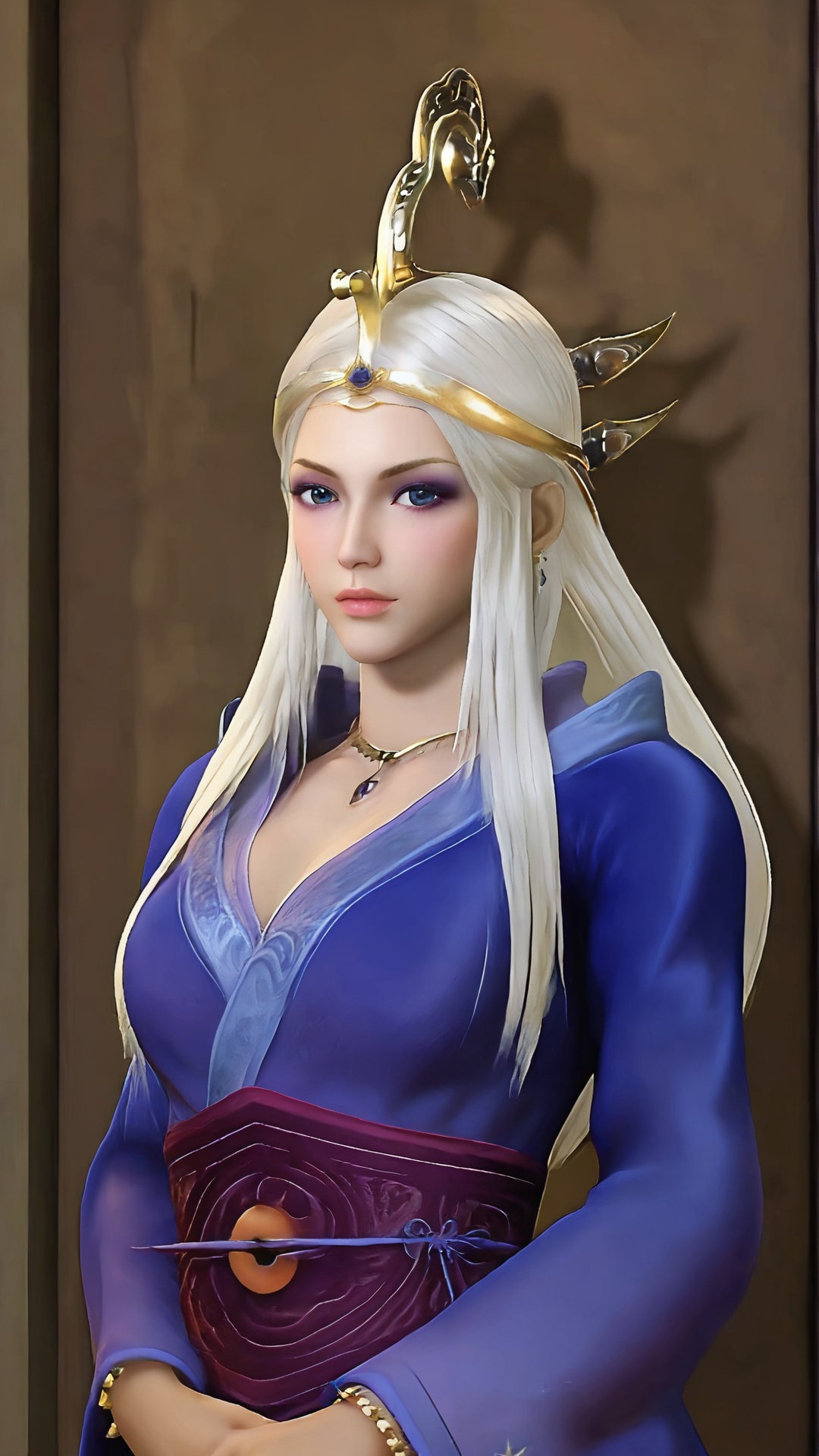 The image is a portrait of a young woman with long white hair and a crown on her head. She is wearing a blue dress with a purple belt and a gold necklace. The dress has a high neckline and long sleeves. The woman is holding a purple book in her hands and is standing in front of a stone wall with intricate carvings. She has a serious expression on her face and is looking directly at the camera. The overall mood of the image is mystical and regal.,<lora:pony雪女:0.8>,