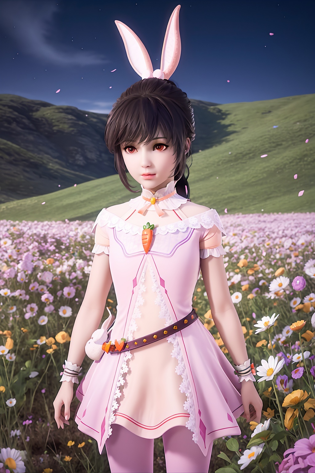 crystalstexture skin,best quality,masterpiece,ultra detailed,8k,RAW photo,realistic,photorealistic,ultra-detailed,intricate detail,extremely detailed,delicate pattern,masterpiece,looking at viewer,night,<lora:C_斗罗大陆_小舞_maiden_FEB:0.7>,flower,field,flower field,sky,scenery,petals,couple,day,blue sky,cloud,1girl,solo,rabbit ears,pink dress,belt,short sleeves,ponytail,carrot,wrist cuffs,pants,necklace,standing,