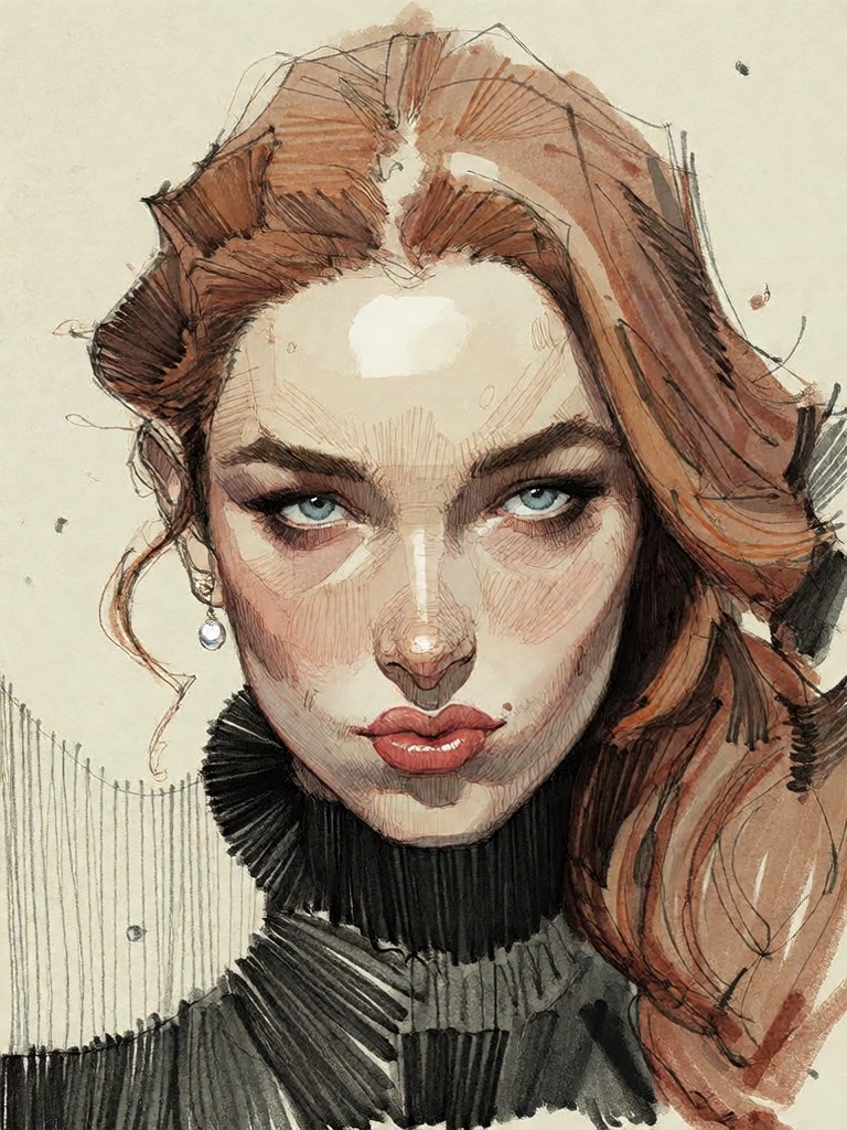 Bradhamel art style. A close-up portrait of a woman with intense,  focused eyes and reddish-brown hair styled in loose wav...