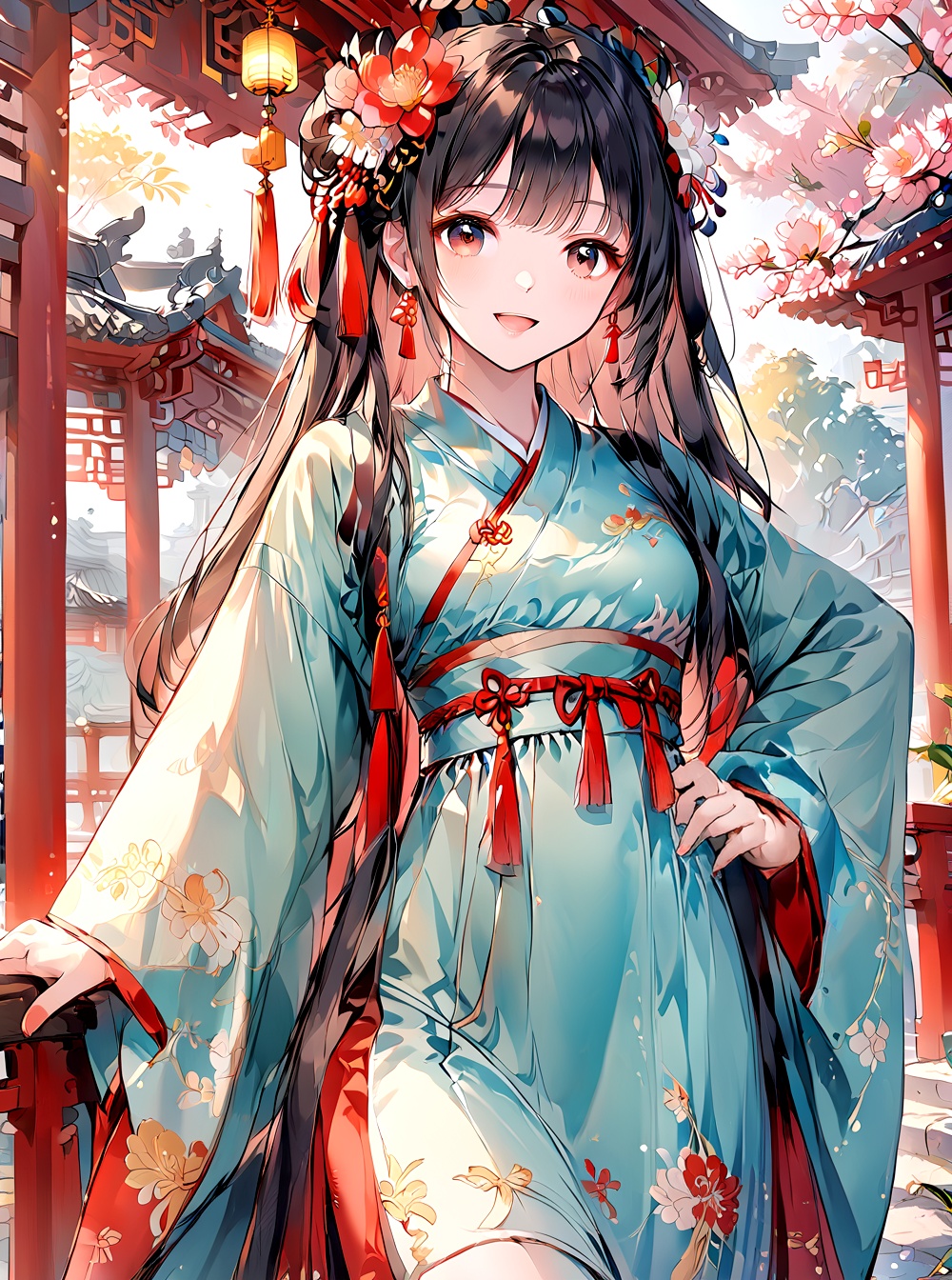 Hanfu,O,1girl, solo, black hair, long hair, jewelry, looking at viewer, smile, earrings, chinese clothes, long sleeves, hair ornament, outdoors, dress, open mouth, hand on hip, flower, tassel, stairs, hair flower, parted bangs, bangs, architecture, east asian architecture, cowboy shot, :d, tassel earrings
