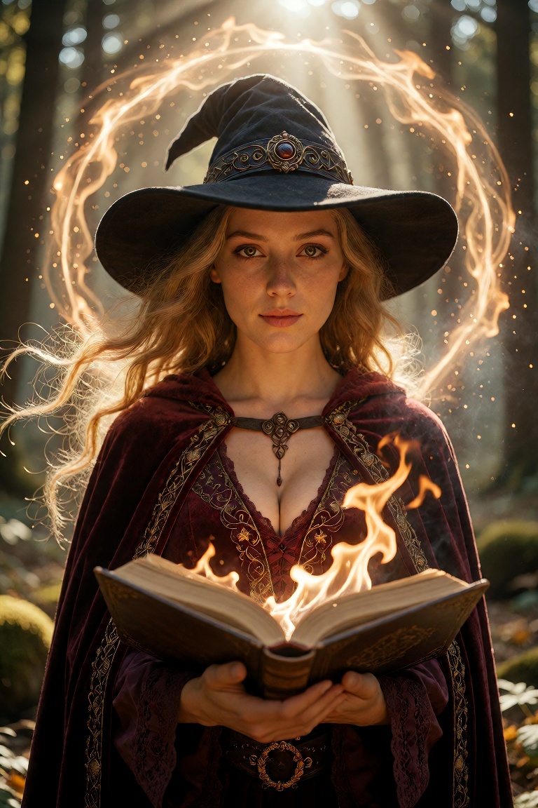 A stunningly radiant Caucasian woman,  approximately 28 years old,  stands centered within a mystical forest glade bathed...