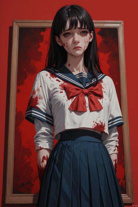 score_9,score_8_up,score_7_up,score_6_up, masterpiece,best quality, ultra highres,,girl in Art Gallery, solo, school uniform, skirt, blood splatter, sailor collar, horror \(theme\),standing,red background,sad,photo \(object\), dark,night