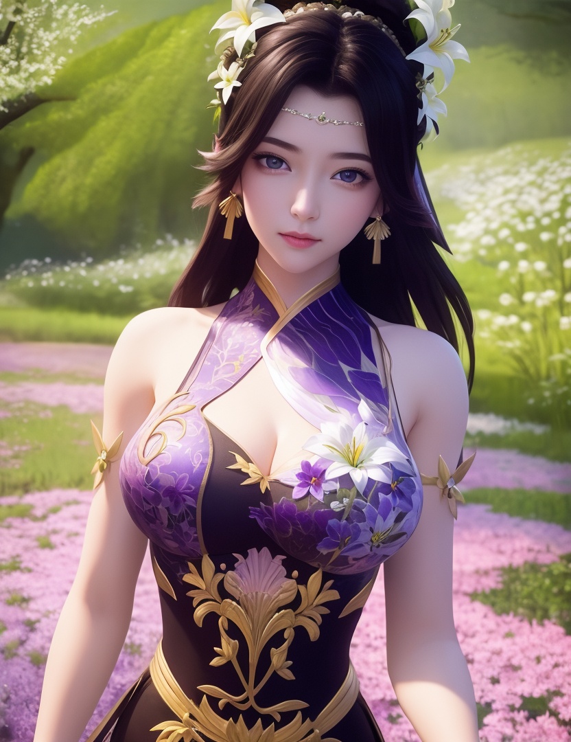 <lora:514-DA-万古狂帝-柳妃:0.8>(,1girl, ,best quality, ),looking at viewer,  ,ultra detailed 8k cg,ultra detailed background,ultra realistic 8k cg,1girl, solo,(bare shoulders:0.85),(masterpiece, best quality),((oil painting style)),sexy young lady,(beautiful face and eyes),(upper body:1.5),(whole body:1.05),(single person:1.2),surrounded by flowers, (lily), roses, floret, vegetation, white, purple, purplish pink,Impressionism,colorful,(Breast size:1.3),(cleavage),