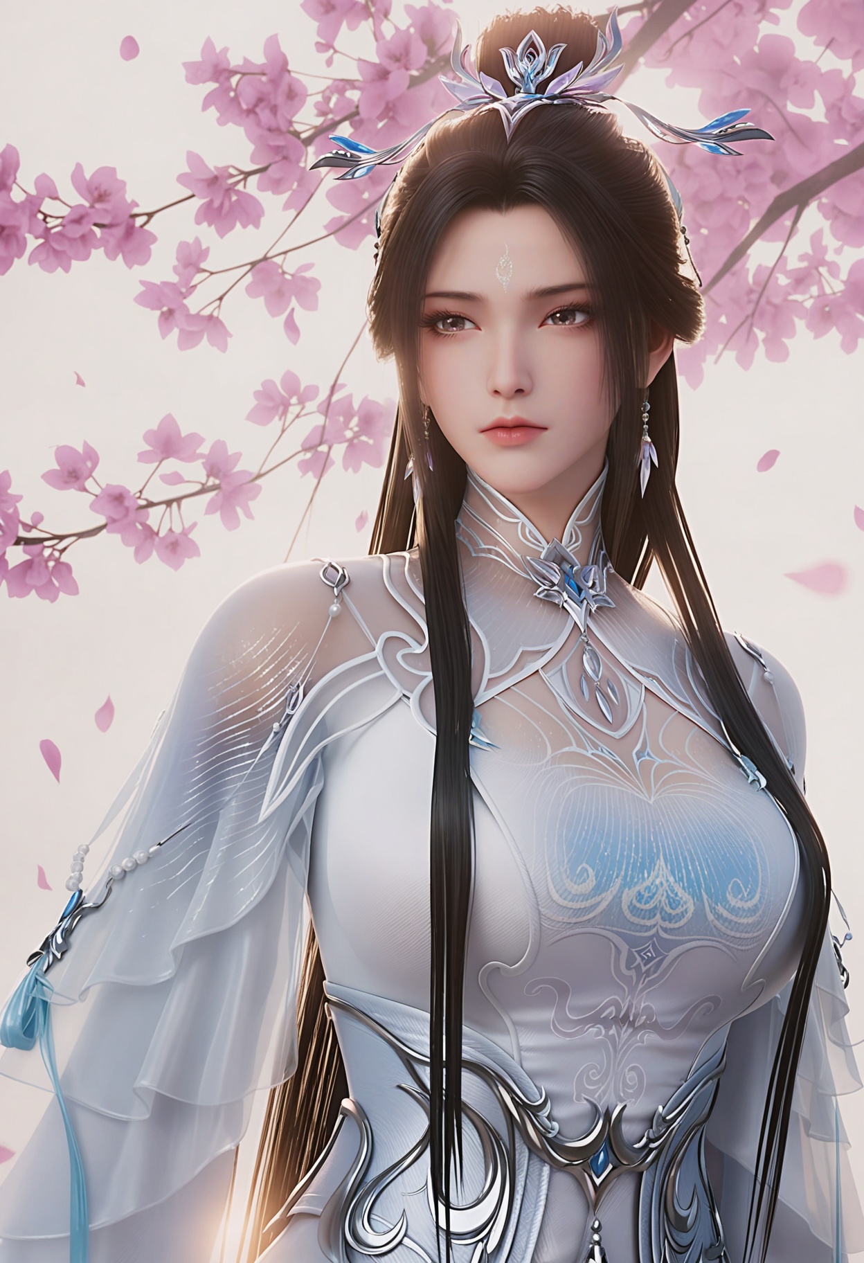 masterpiece,best quality,good qualitty,incredibly absurdres,absurdres,highres,sensitive,explicit,questionable,(upper_body:1.2),(gigantic breasts:0.8),<lora:YQ_li光辉v5_luxueqi_V2:0.8>,q1528437228,1girl,solo,earrings,black_hair,long_hair,hair_ornament,hair_bun,forehead_mark,single_hair_bun,facial_mark,dress,white_dress,chinese_clothes,long_sleeves,jewelry,realistic,(very aesthetic),(fantasy),(hyper realistic:0.9),smog,(backlighting:1.3),(dim lighting:1.3),peach blossom,falling petals,(liquid background,:1.1),simple_background,white background,