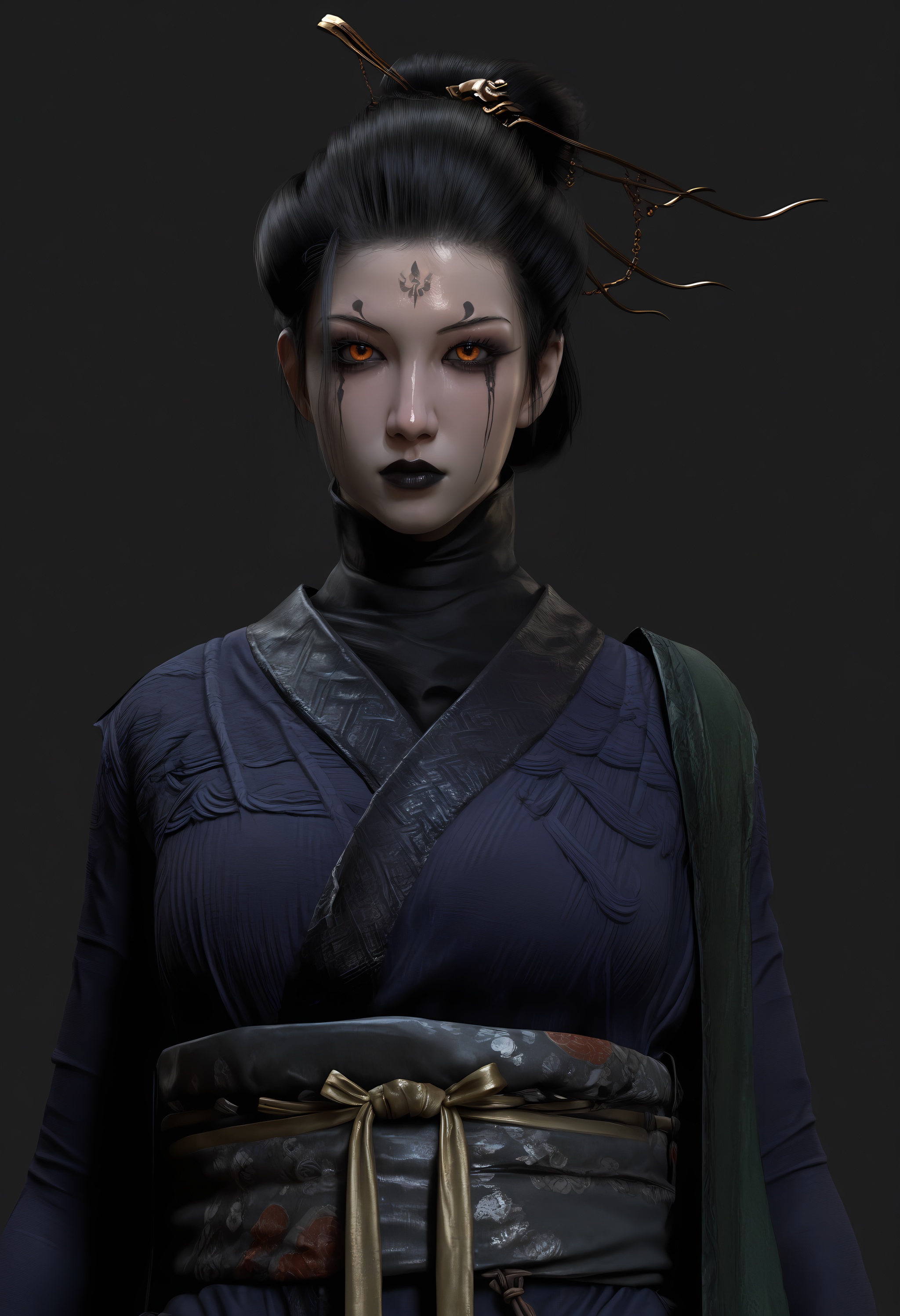 (score_9),<lora:四妹-Apony:0.83>,foursister,solo,1girl,black hair,facial mark,forehead mark,hair ornament,hair bun,hair stick,chinese clothes,sash,belt,black_eyeshadow,black lips,Willow-shaped eyebrows,large breasts,glamor,puffy breasts,pointy_breasts,<lora:a修手:0.35>,front view,arms behind back,simple background,OverallDetail,(shiny_skin),(deep_skin:1.1),<lora:perfect-eyes:0.8>,grey sclera,orange eyes,<lora:e色温:0.5>,<lora:SkinRealityOrg_ponyv6_loraplus:0.2>,real skin,<lora:detailed_notrigger:1>,